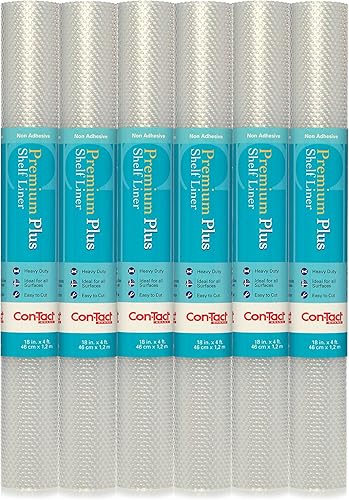 Con-Tact Brand Revestimiento de estante no adhesivo Premium Plus, resistente y multifuncional, 18 x 4 pies, Nova Crystal Clear, paquete de 6 rollos