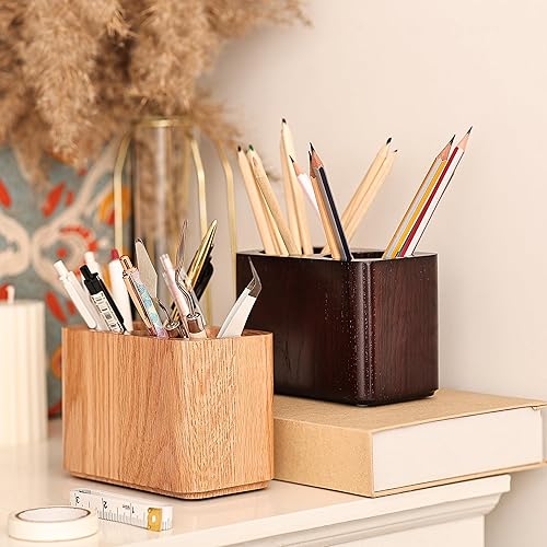Miniatura 6 de Soporte para bolígrafo y lápices de madera maciza de roble para escritorio, organizador de papelería de oficina, soporte para vasos de mesa, soporte