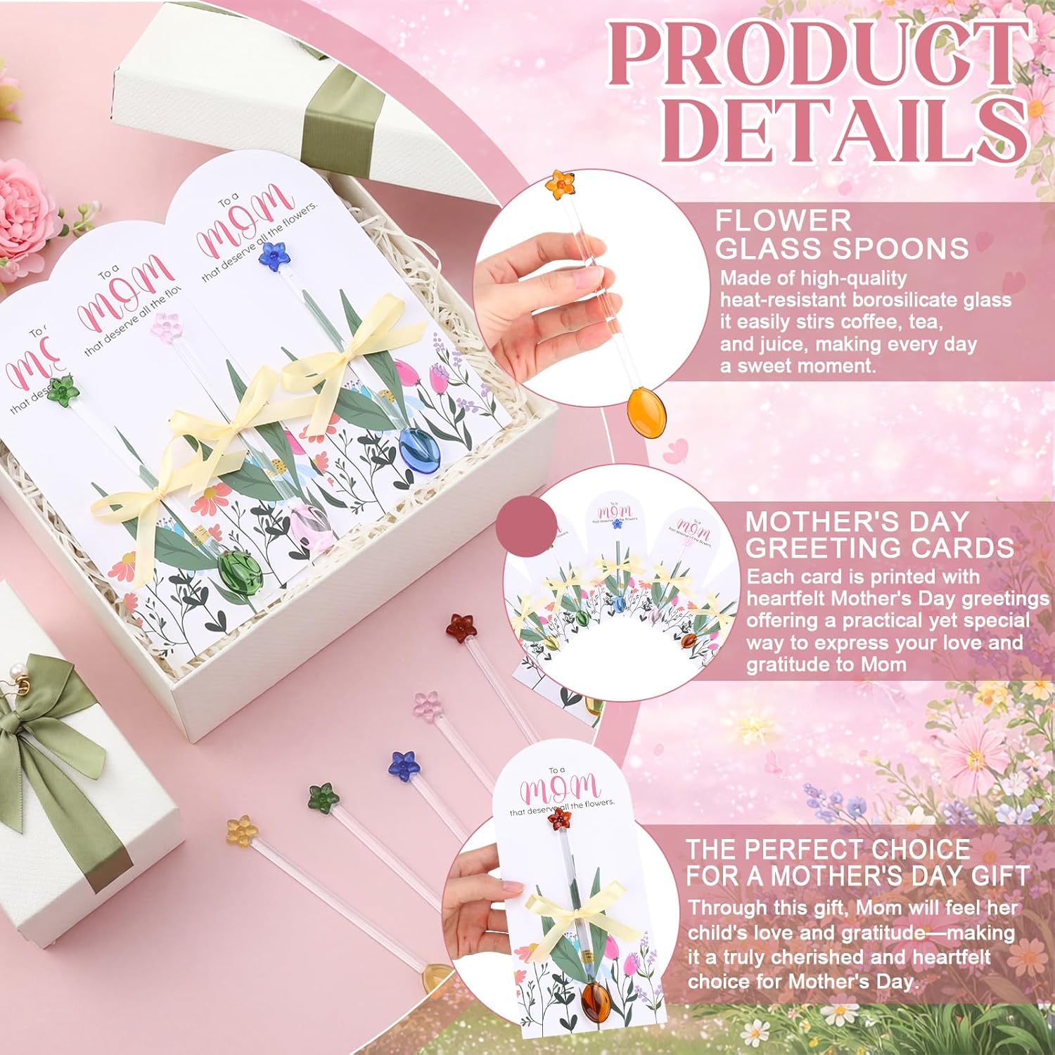 Mifoci 20 Sets Mother's Day Flower Glass Spoons Gifts with Glass Stirring Rods Cards Gift Bags DIY Gifts for Mom from Daughter Son Mothers Day Tea Party Classroom Home Activities Church Bulk