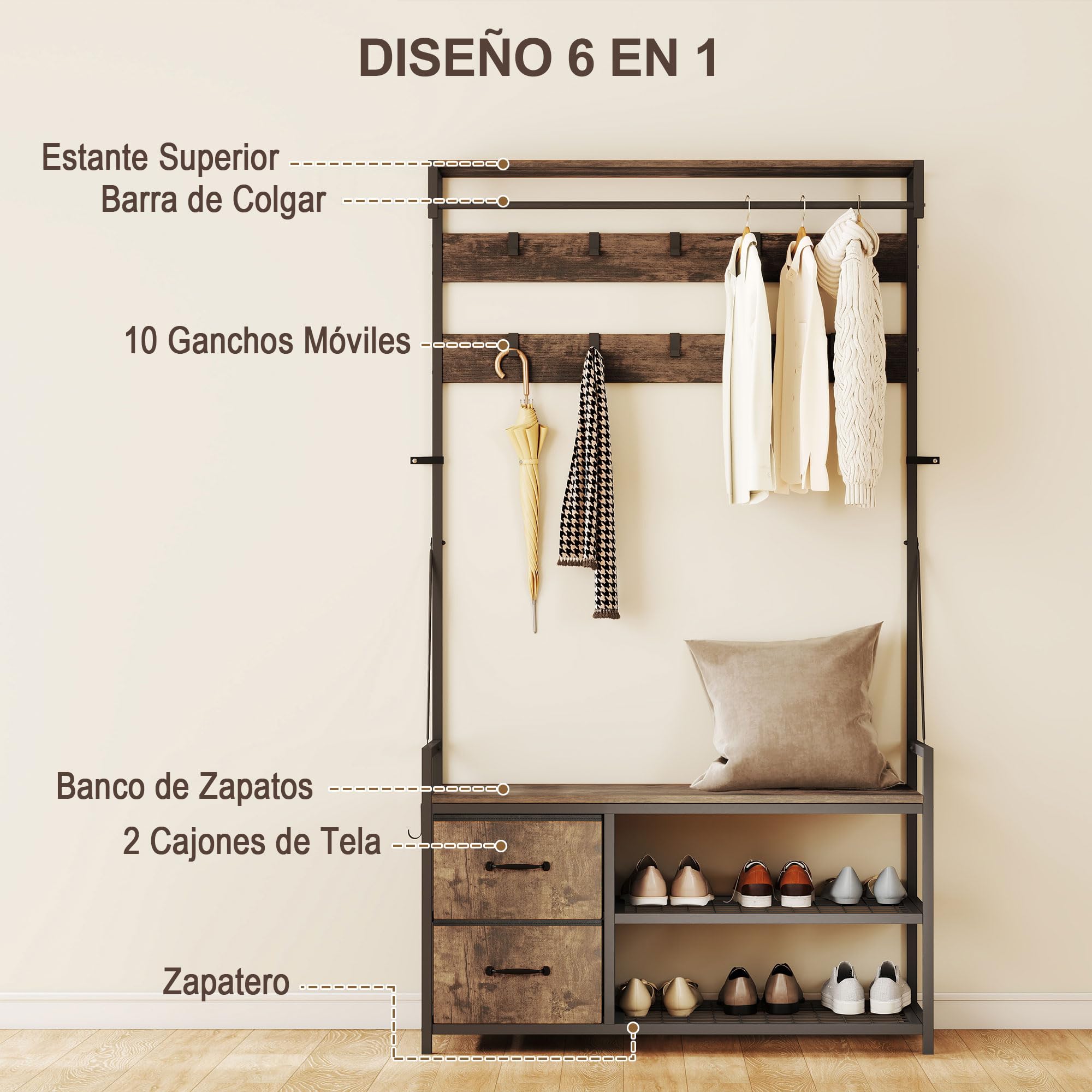 HOMCOM Perchero Zapatero 6 en 1 2 Cajones 100x40x180 cm Marrón Rústico | Perchero Entrada Recibidor, Zapatero Doble, 10 Ganchos Ajustables, Barra Colgante, Estilo Industrial, para Pasillo