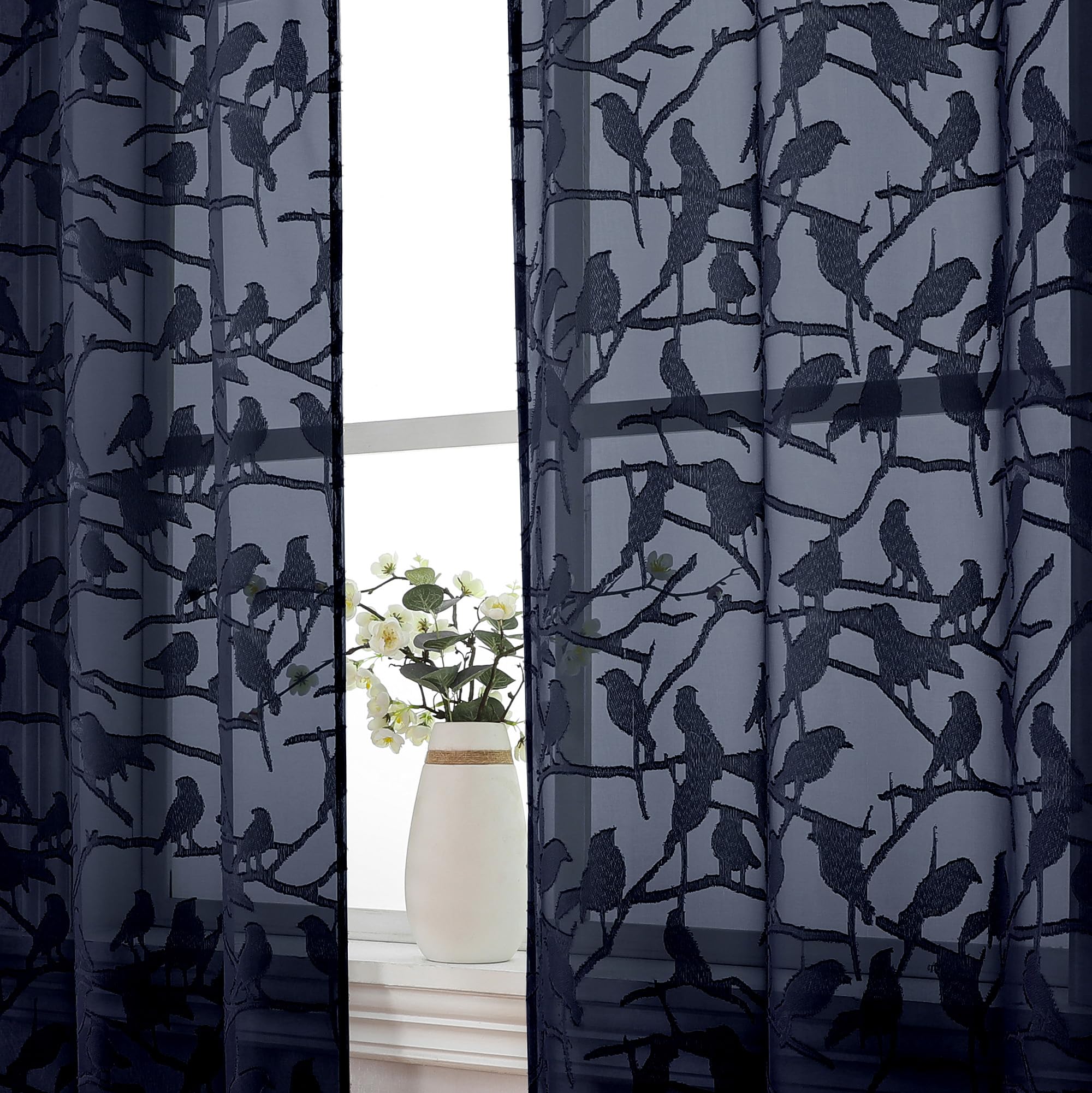 OVZME Anji Sheer Navy Blue Curtains 63 Inches Long, Light & Airy Privacy Textured Sheer Drapes, Dual Rod Pocket Voile Clipped Birds Luxury Panels for Kid Bedroom Living Room, 38W x 63L, Set of 2