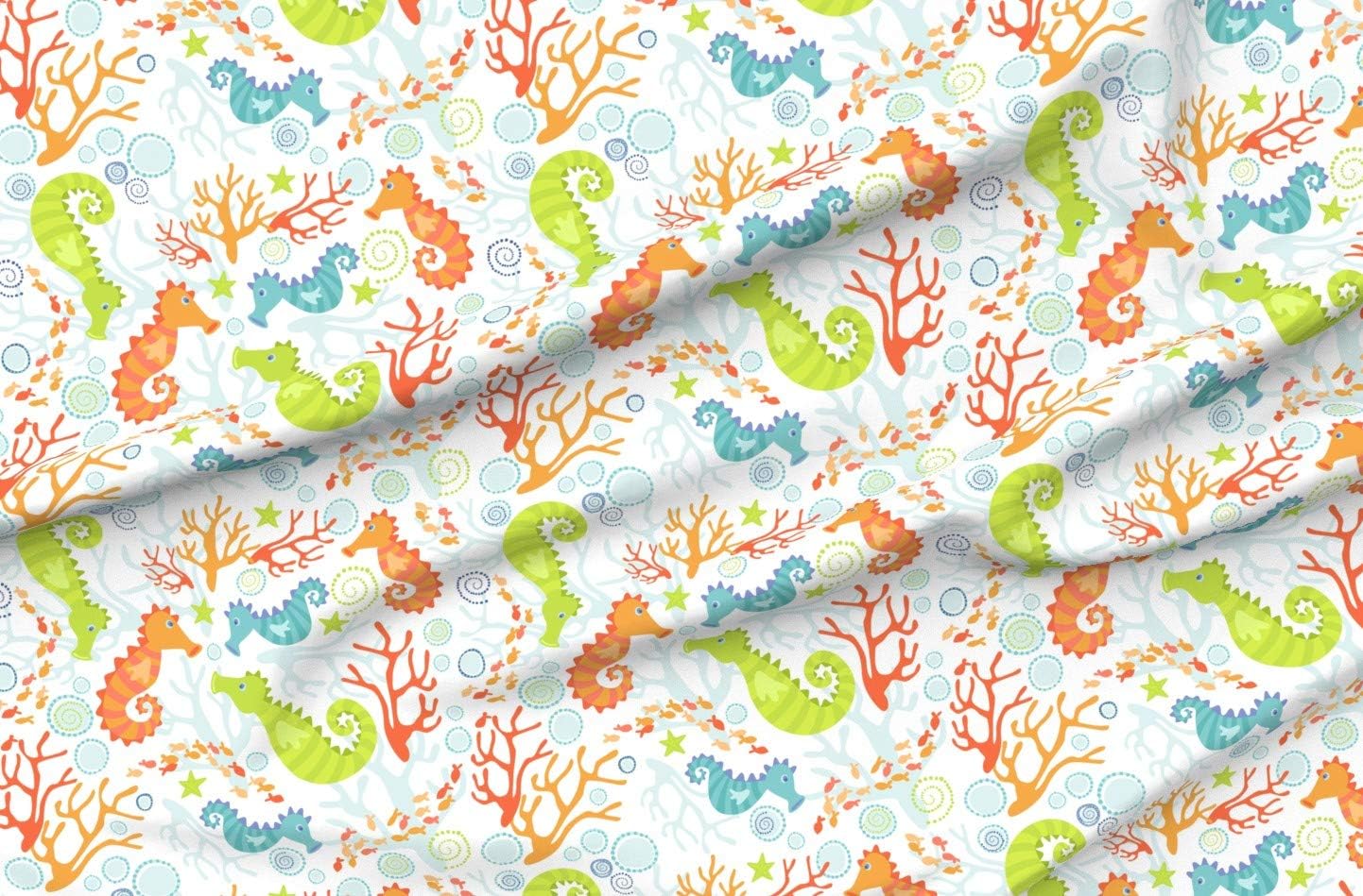 Spoonflower Fabric - Cute Animal Owl Creature Seahorse Fish Coral Water Starfish Orange Printed on Minky Fabric by The Yard - Sewing Baby Blankets Quilt Backing Plush