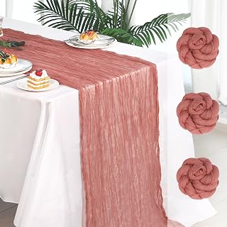 Fixwal 3 Pack Dusty Pink Cheesecloth Table Runners, Pleated Boho Gauze Table Runner, Long Semi-Transparent Table Decorations for Baby Shower, Parties, Birthdays and Weddings(35x120 Inch)