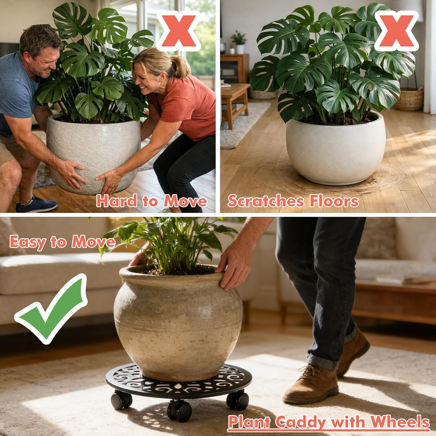 Plant Caddy with Wheels, 3 Pack 12” Rolling Plant Stand Plant Rollers Heavy Duty Plant Dolly with Casters Indoor & Outdoor Wrought Iron Metal Plant Tray with Lockable Wheels for Large Flower Pots