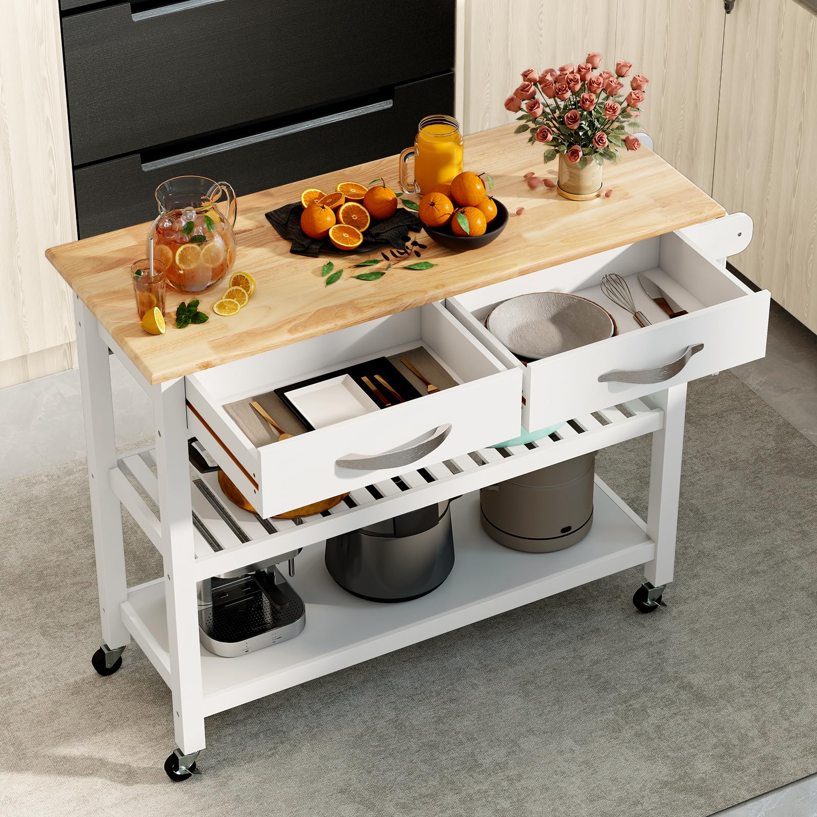 KOMFOTTEU Carro de Cocina de Madera con Ruedas, Carrito Auxiliar con 2 Cajones y 2 Estantes Abiertos, Isla de Cocina Móvil con Toallero Lateral, para Comedor, Bar, 116 x 44 x 89 cm (Blanco)