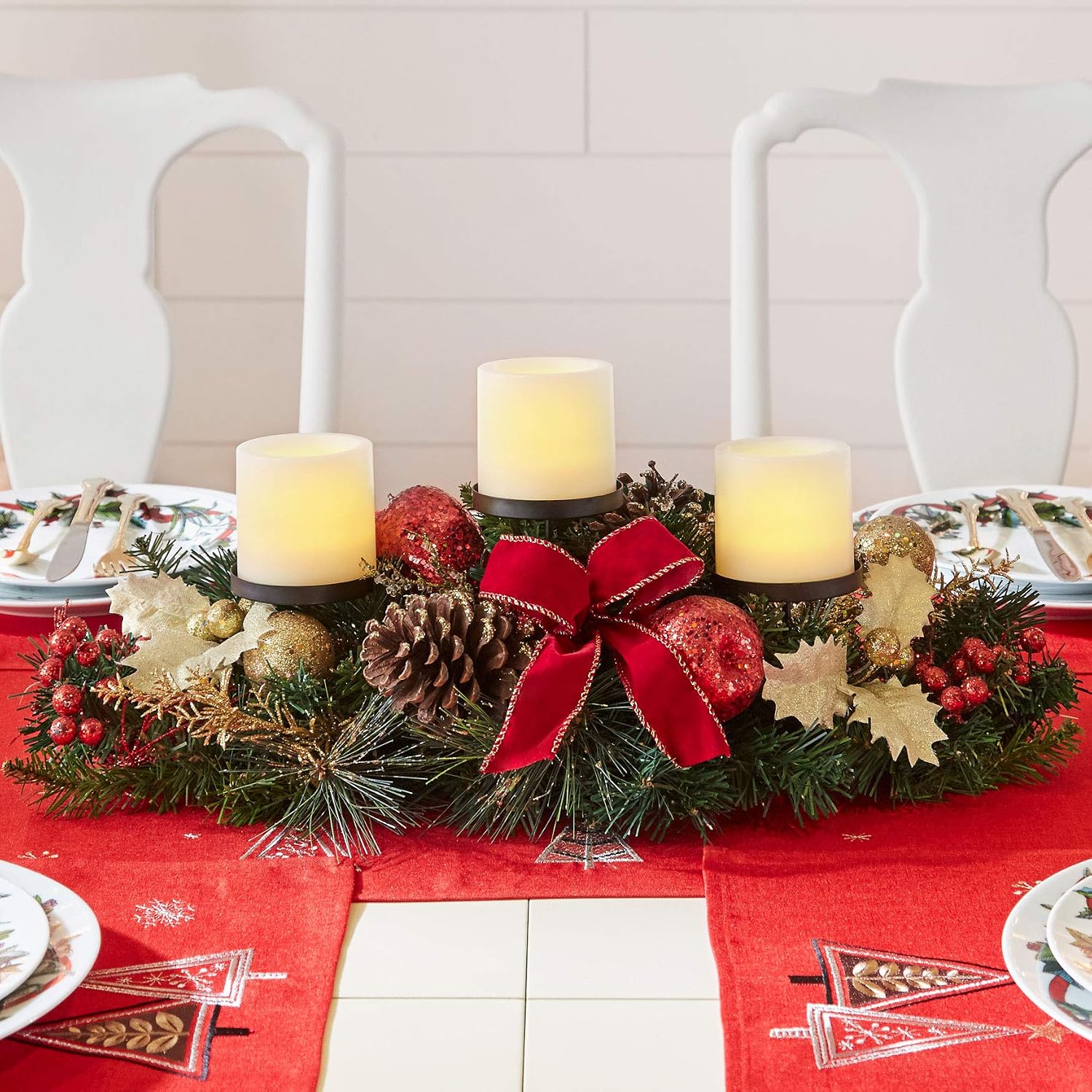 BrylaneHome Christmas Pre-Decorated Candle Holder Centerpiece, Green