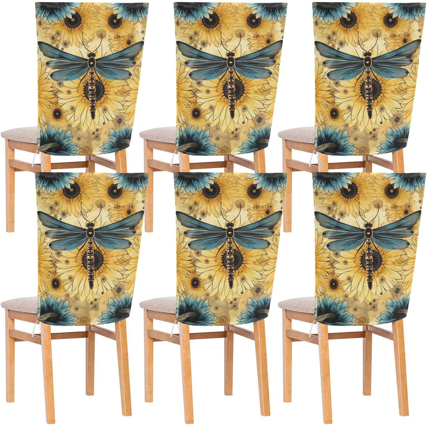 ALAZA Sunflowers Dragonfly Chair Back Cover Set of 6, Washable Reusable Removable Chair Slipcovers Decorative Chair Cover for Home Kitchen Wedding Party