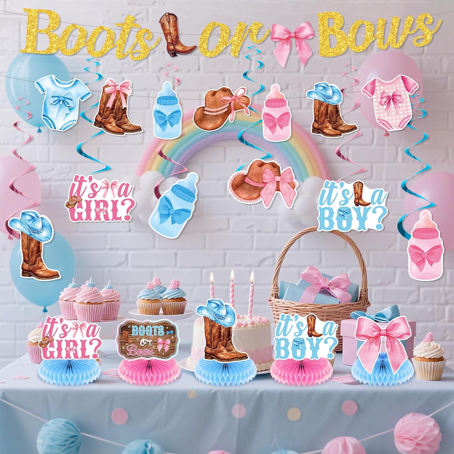 32 Pcs Boots or Bows Gender Reveal Decorations - Cowboy or Cowgirl Theme Party Supplies with Banner, Hanging Swirls & Honeycomb Centerpieces - Western What Will Baby Be He or She Decor Set