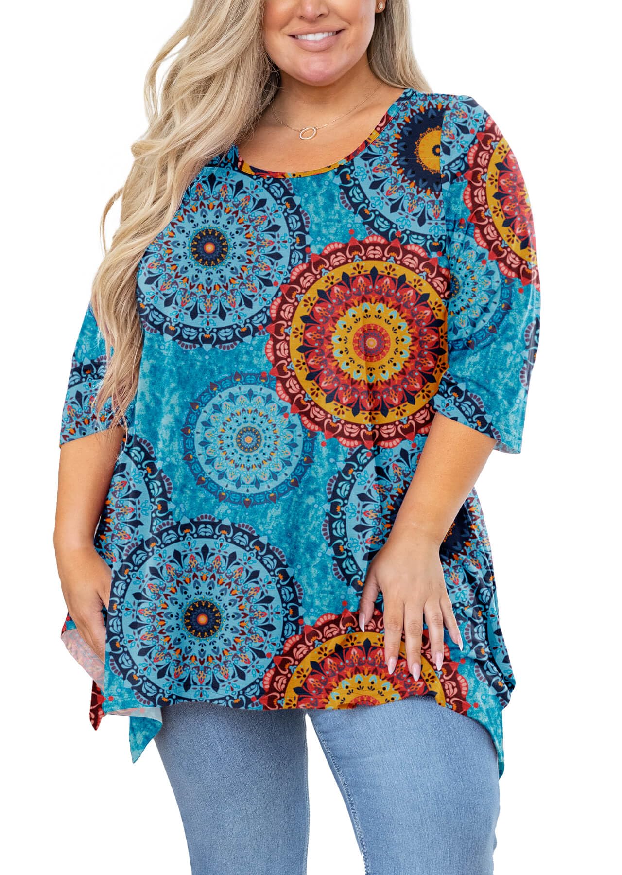 AusLook Women’s Plus Size Tunic Top Summer 3/4 Sleeve Loose Fit Shirt Casual Blouse Flowy Top for Leggings