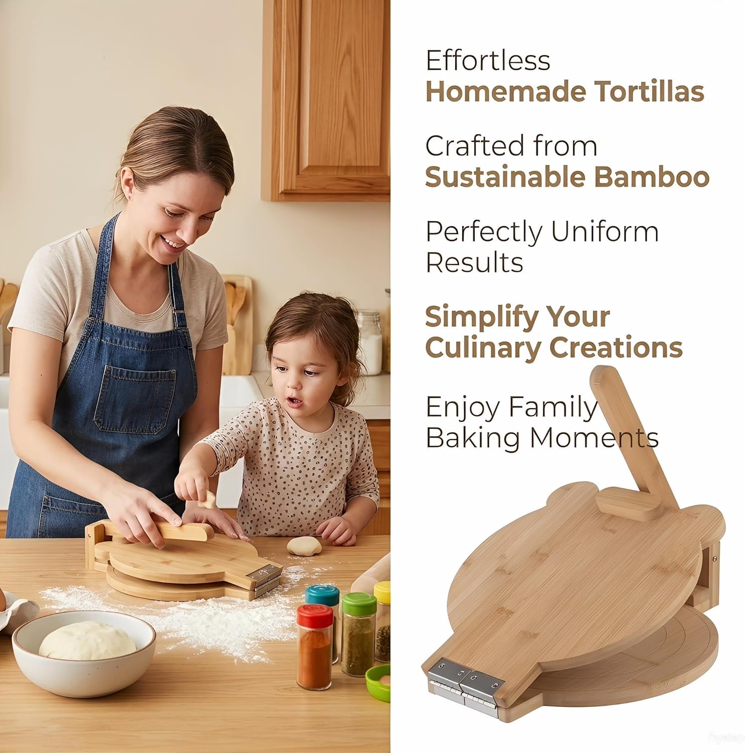 Bamboo Tortilla Press 10 inch - Mexican Tortilla Maker with 100 Parchment Papers | Homemade Flour & Corn Tortillas, Tortillera, Pataconera, Dough Press for Easy Cooking