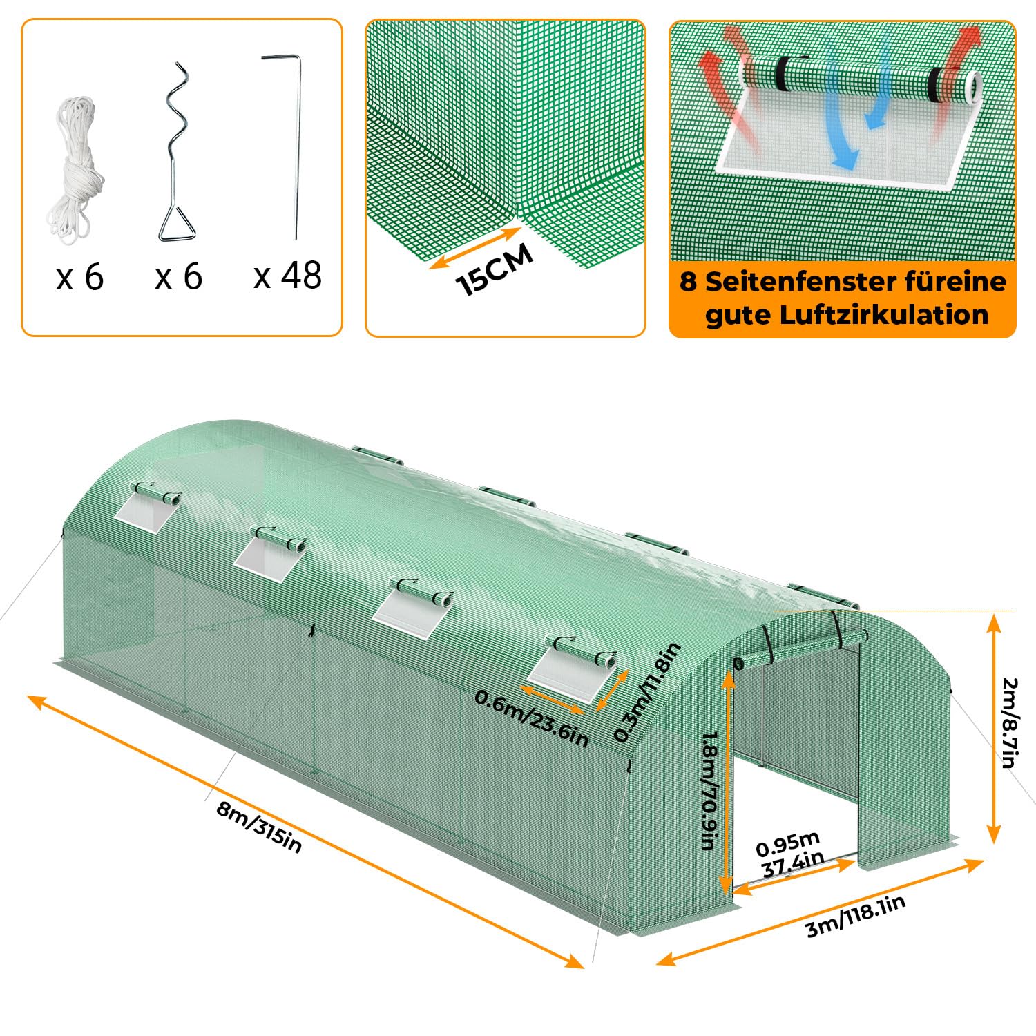 300x800x200 cm Foliengewächshaus Winterfest mit extra stabilem Stahlrahmen, 16 Fenster & 4 Reißverschlusstüren, 2 x 140g/m² PE UV50+, Tomaten Gewächshaus inkl. 54 Erdanker Set