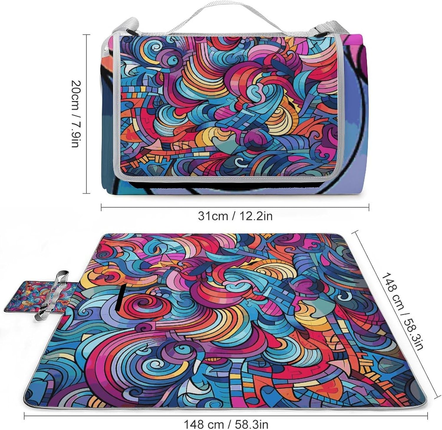 Outdoor Picnic Blanket Extra Large Beach Blanket Waterproof Picnic Mat Color Abstract Pattern Drawing Camping Blanket Portable with Carry Strap Park Blanket for Grass Camping Park