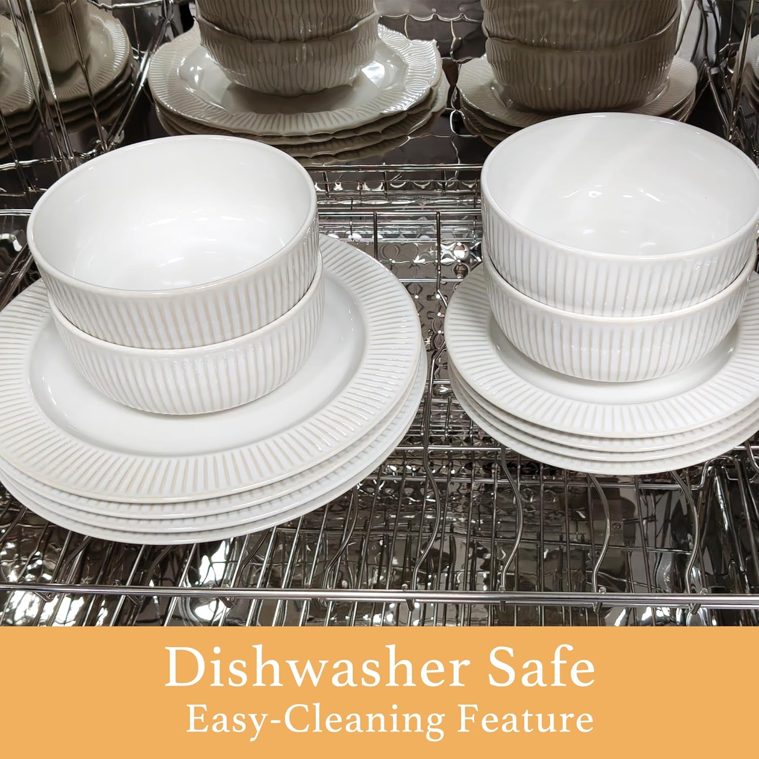 Embossed Ceramic Dinnerware Set for 4 - Arctic White Plates & Bowls Set 12 Pieces - Microwave & Dishwasher Safe Porcelain Chip Resistant Handmade Dishware Set Kitchen Gift, Vertical Stripe