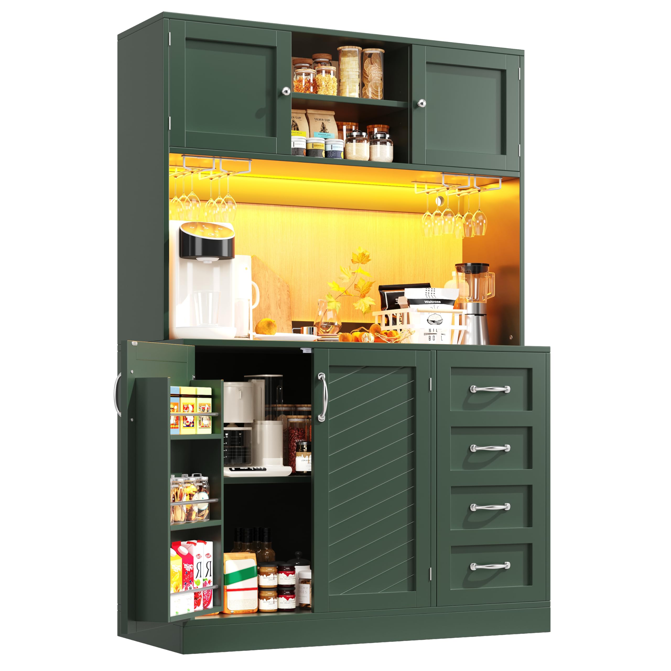 Küchenschrank Hochschrank mit Arbeitsplatte und LED-Licht, Küchenbuffet Buffetschrank mit Getränkehaltern und 4 Türen, Highboard Schrank mit Schubladen und Snackregal, Grün, 120x40x188 cm