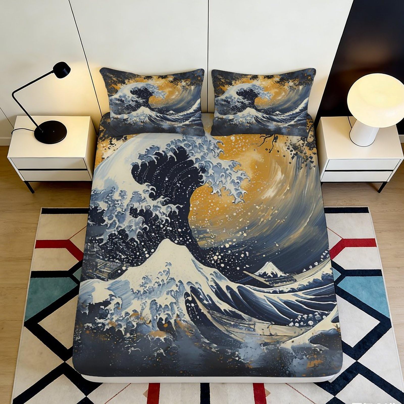 3D Printed Great Wave Art Fitted Sheet Microfiber Blue Gold Japanese Sun Mattress Cover Bedroom Decor 90x200x25cm