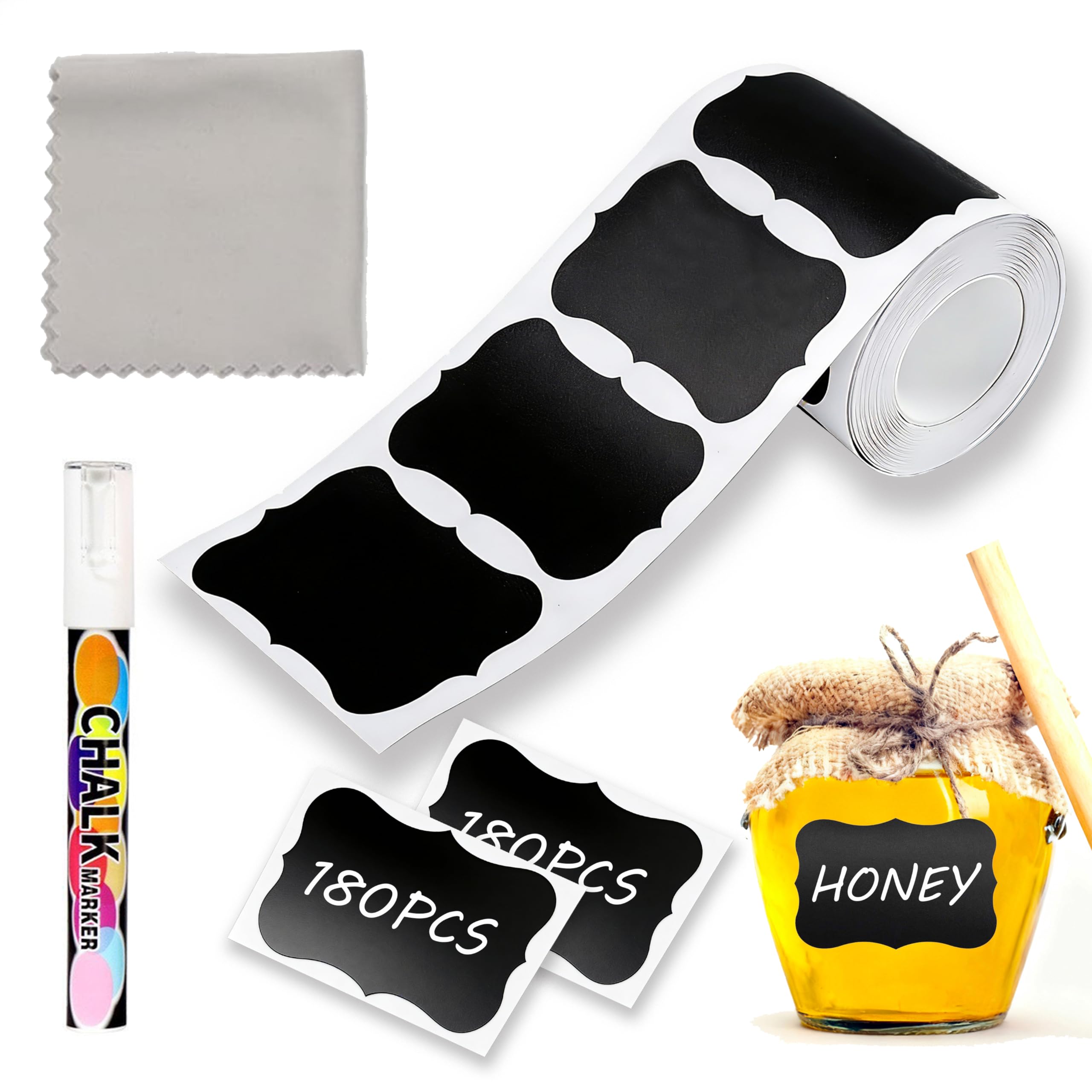 180pcs Chalkboard Labels，Erasable Reusable Blackboard Stickers with 1 Chalk Marker for Mason Jars, Craft Rooms, Weddings, Storage, Pantry Containers