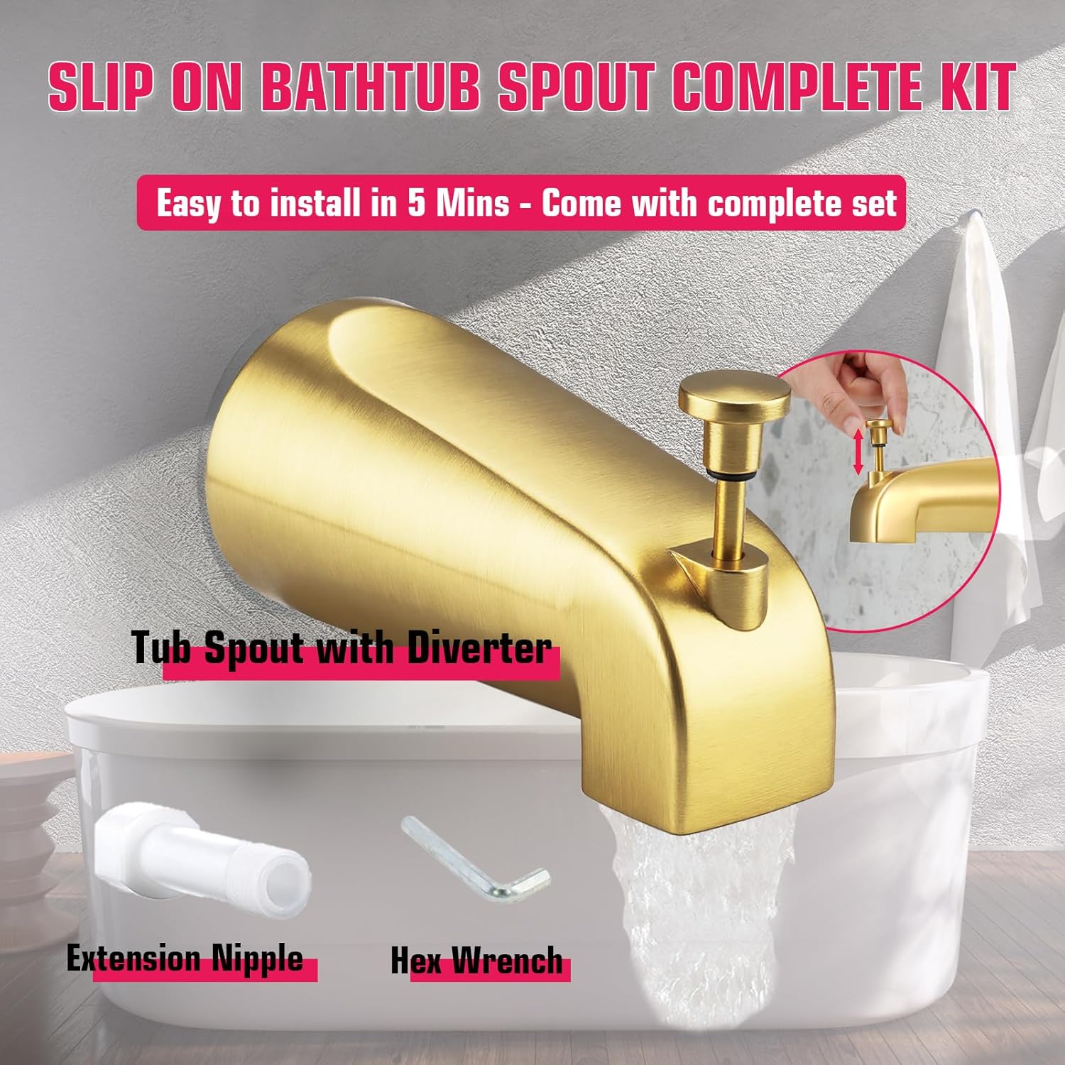 Tub Spout with Diverter, Brushed Gold Slip On Bathtub Spout Fits 1/2'' Copper Tube(5/8'' Dia), Bathroom Tub Faucet with Hex Wrench, Light Gold
