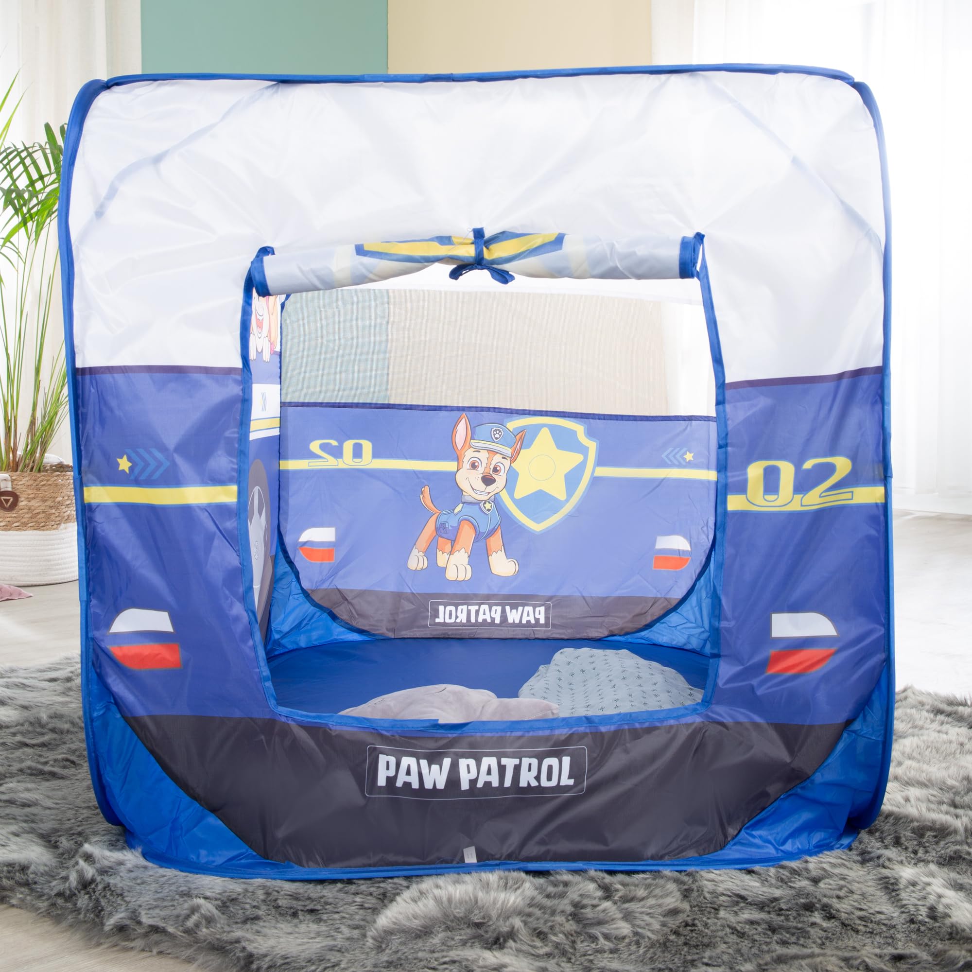 roba Paw Patrol Tienda de Juego - Carpa Infantil en Forma de Coche de Policía - Función Plegable + Bolsa de Transporte - Diseño de Perros Chase, Marshall, Rubble, Skye - Azul/Blanco