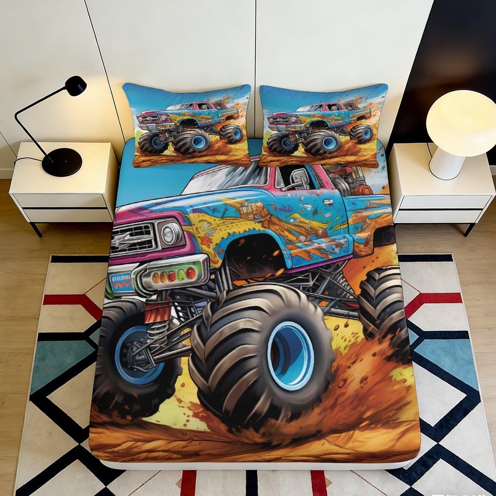 Pnayamiorkfel Style-7 3D Printed Monster Truck Fitted Sheet Microfiber Vibrant Bed Cover For Bedroom Dorm Mattress Protection Decor 90X200x25cm