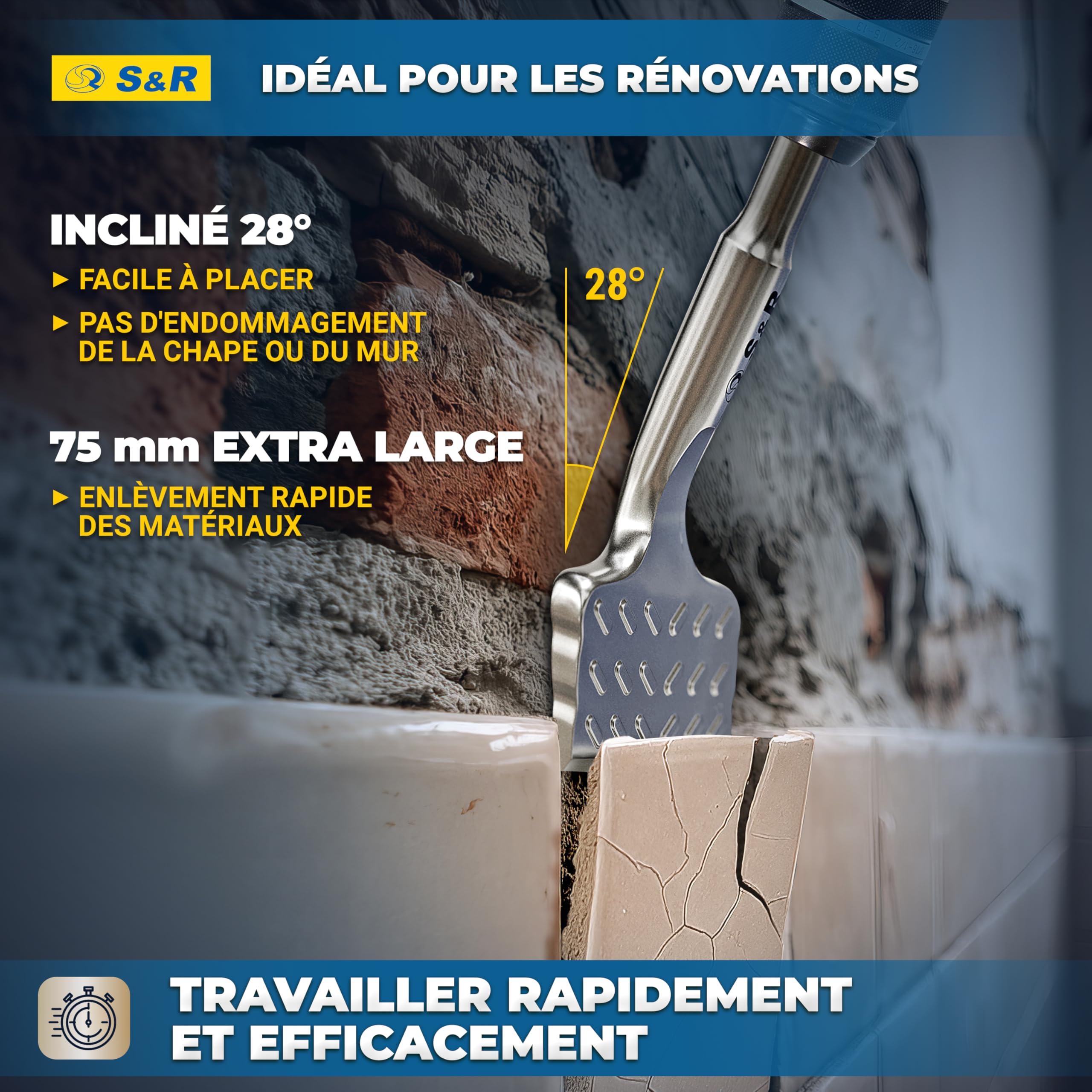 S&R Burin SDS PLUS Carrelage Burin Plat pour Carreleur 165 x 75mm Qualité Industrielle. Fabrication Allemande. Burin Perforatetur SDS-Plus
