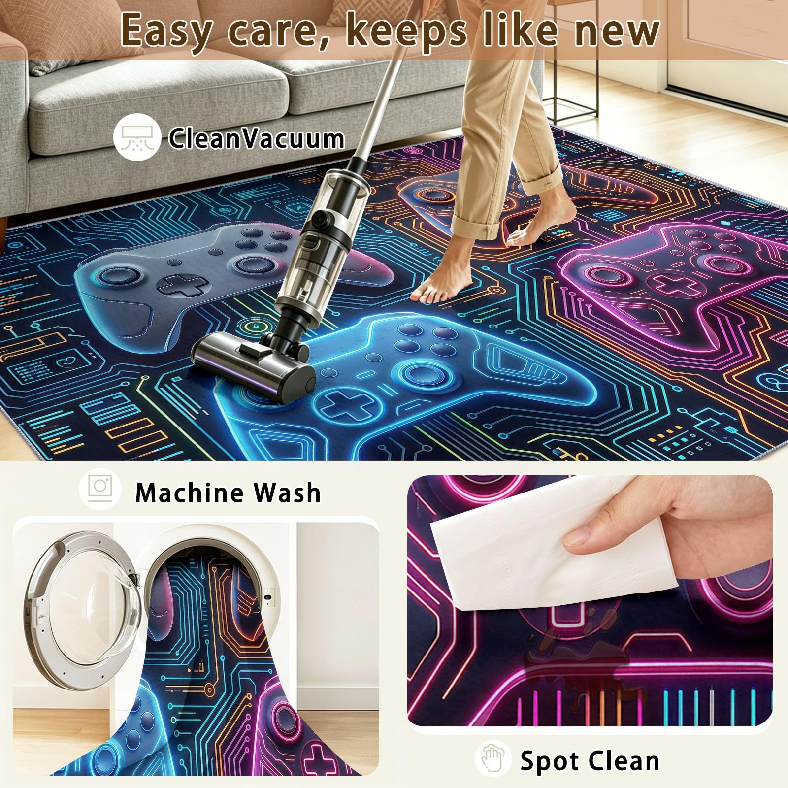 Spiel Mehrfarbig Teppich - Rutschfester Waschbarer Niedriger Flor Teppich für Wohnzimmer, Schlafzimmer, Kinderzimmer, Esszimmer, Büro - Leiterplatte Neon Spielecontroller, 120 x 170 cm