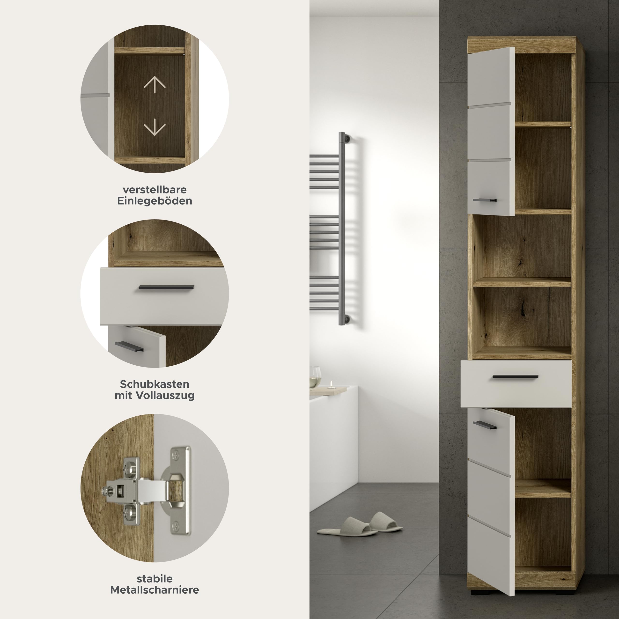 xonox.home – Hochschrank Scout 37x191x31 cm in Evoak Oak und Kaschmir Nachbildung matt – Schmaler Bad-Hochschrank mit viel Stauraum – modern – Bild 7