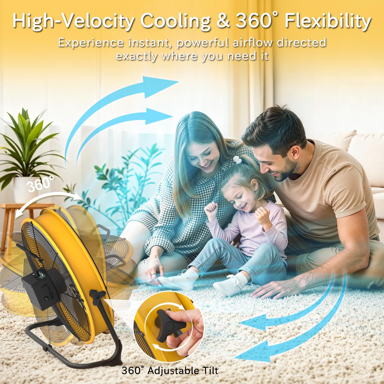 Ventilateur de Sol 40CM, Ventilateur Rechargeable avec 15600mAh, Portable Ventilateur sur Pied Silencieux, Réglage Continu de la Vitesse, Inclinable 360°, pour Garage, Rénovation, Camping, Chantier