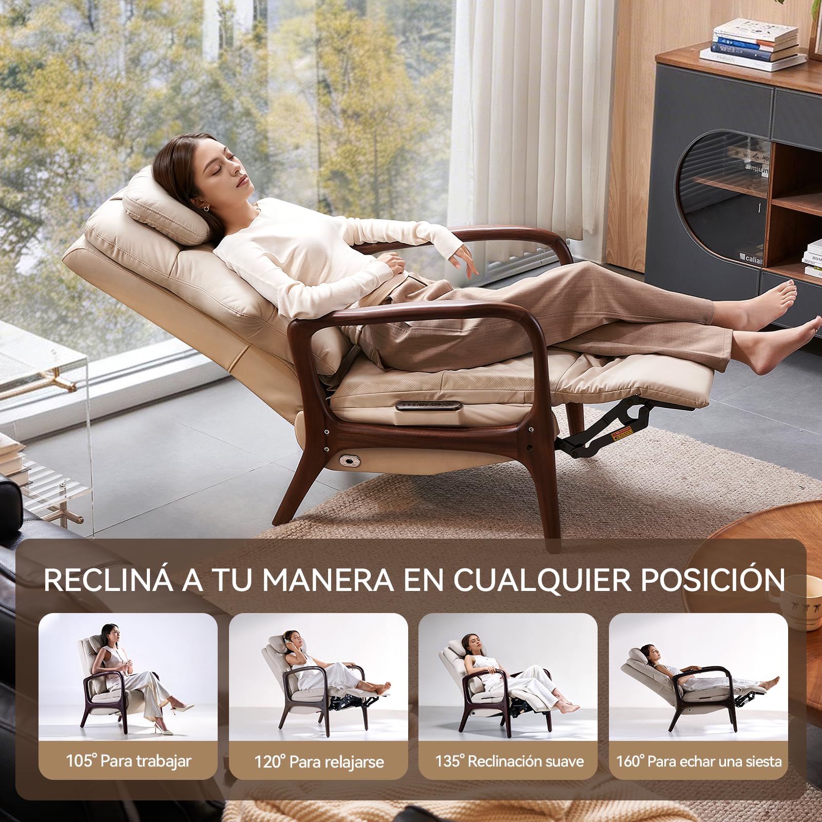 EMIAH Sillón Relax con Reposabrazos de Madera, Sillón con Soporte Lumbar y Función de Estiramiento, Sillón Reclinable Eléctrico con Reclinación y Reposapiés, Sillón TV con Cabezal, Cuero Genuino