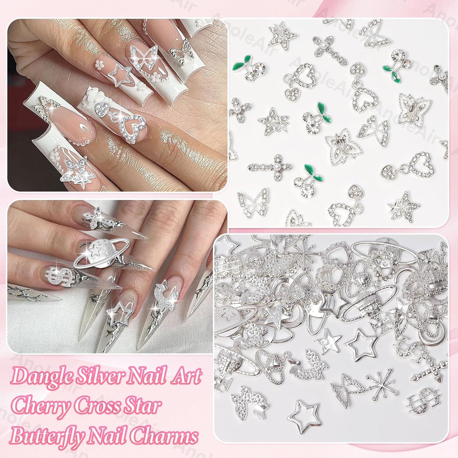 96 Pcs Cross Star Silver Nail Charms Gems, Butterfly Cross Cherry Nail Art Charms, Silver Butterfly Cross Heart Star Nail Gems Charms for Nails Art DIY Supplies - Image 5