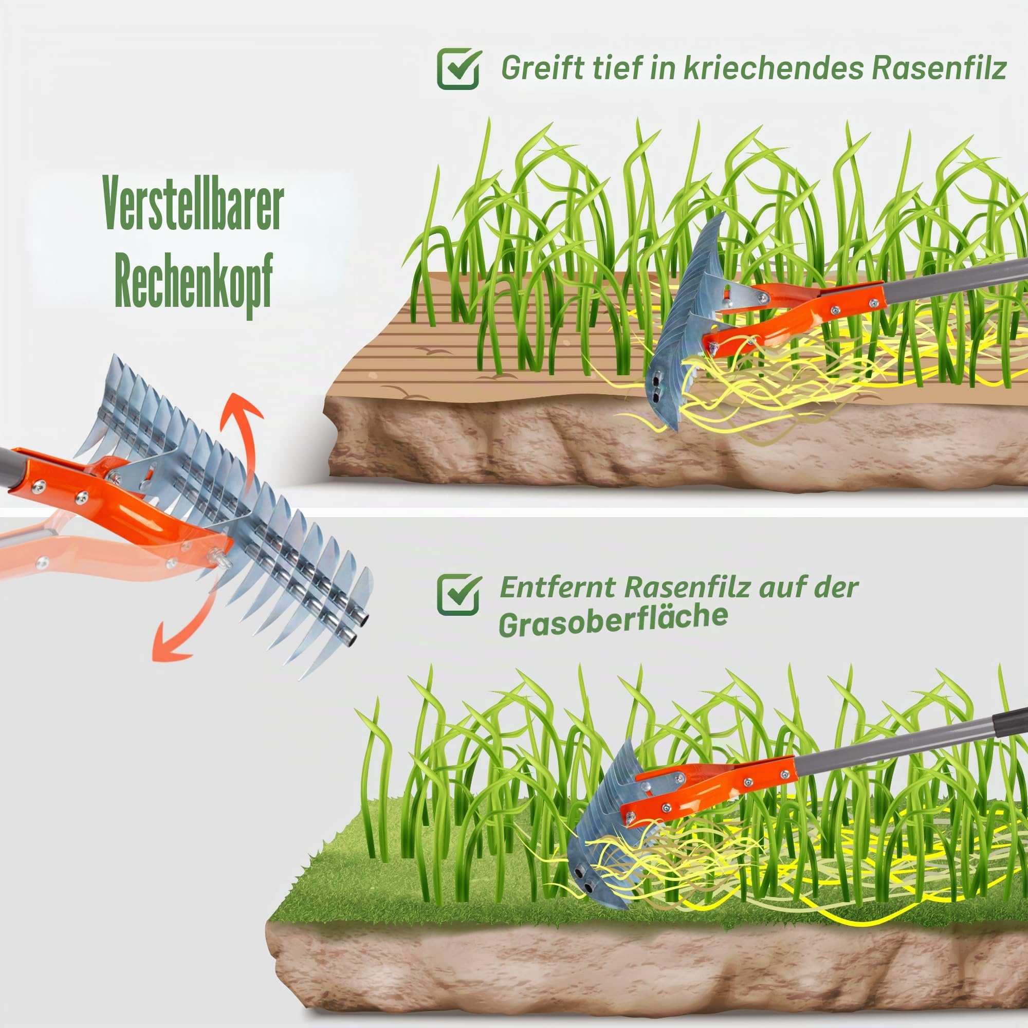 Walensee Vertikutierrechen mit verstellbarem Stiel, robuster Rasenrechen aus Stahl für Moos, Filz, Unkraut & Trockengras
