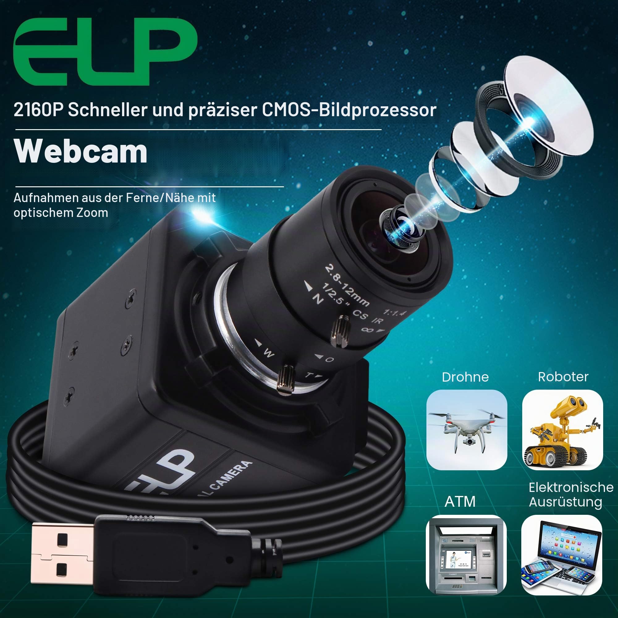 ELP 4K Web Kamera,Ultra HD IMX317 USB Kamera mit 5-50mm Zoom Objektiv,PC Mini Webkamera Unterstützung 3840x2160@30fps,2160P USB Videokonferenz Webcams für Windows/Linux USB4KHDR01-MFV(5-50)