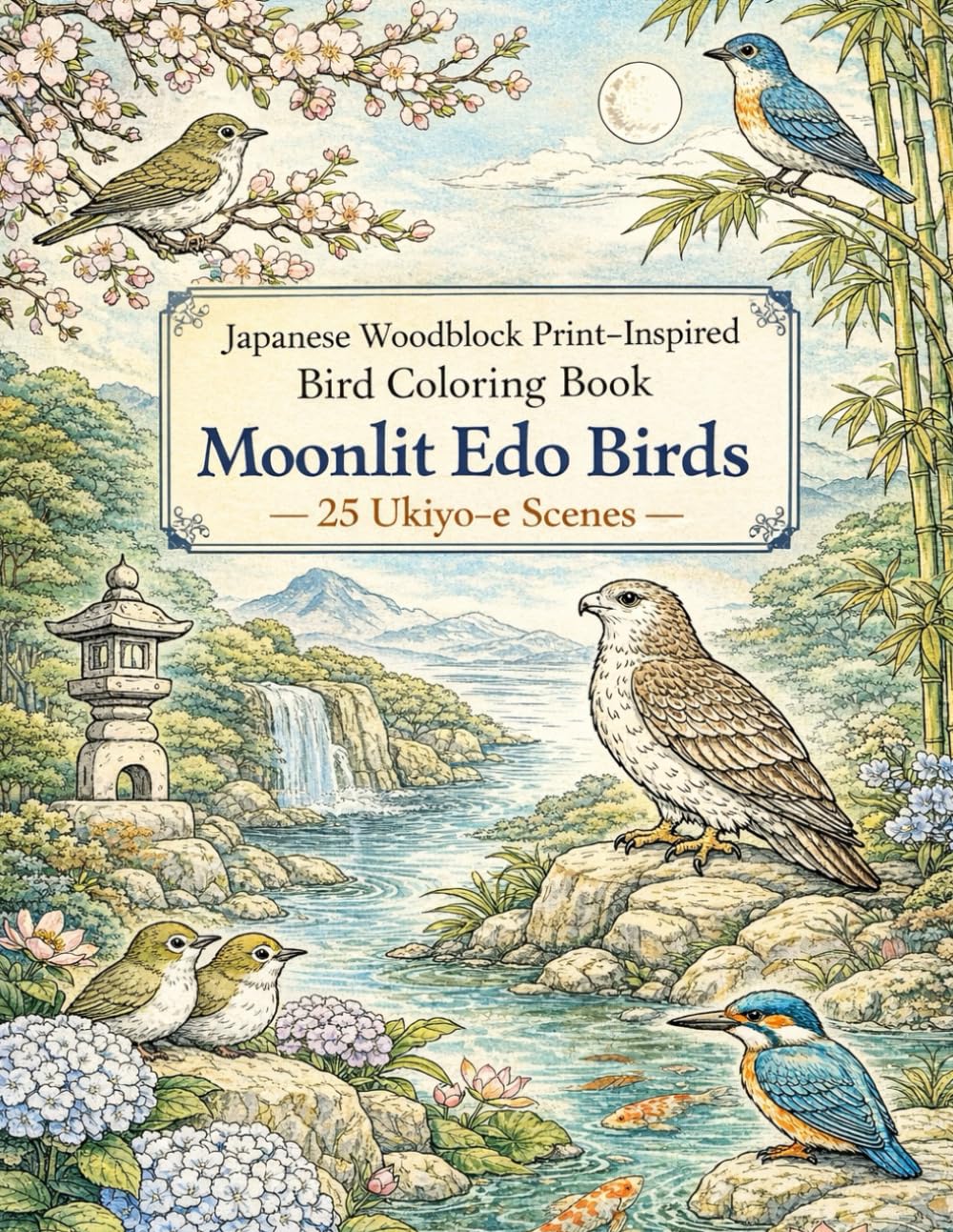 Japanese Woodblock Print–Inspired Bird Coloring Book: Moonlit Edo Birds — 25 Ukiyo-e Scenes: 25 Moonlit Shrine & River Scenes of Japanese Birds (Clean Line Art, Single-Sided, 8.5x11)