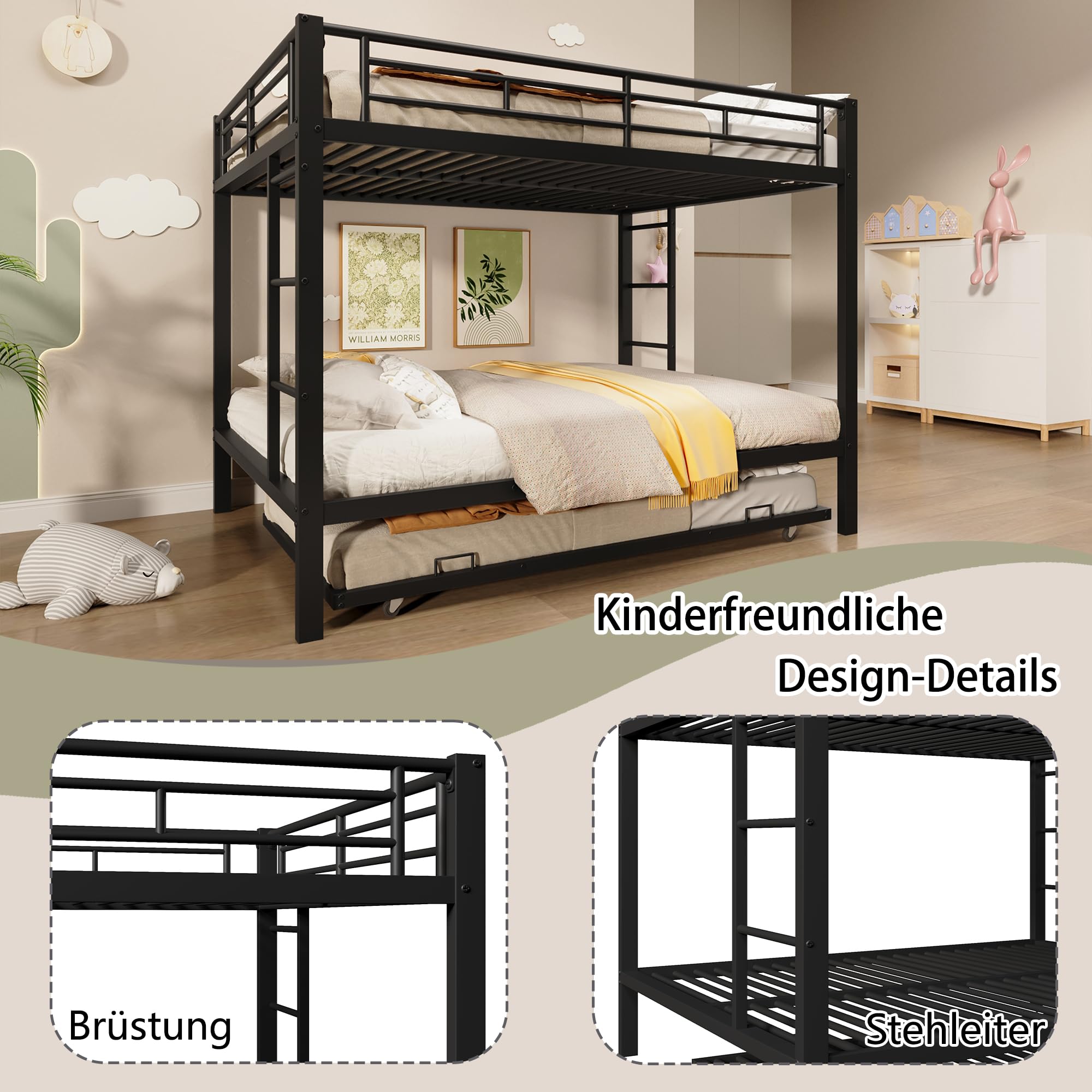 Letto a castello 140x200 cm, con telaio in ferro con sponde laterali e scala di sicurezza, dotato di letto estraibile, per camerette per bambini o dormitori per adulti, senza materasso (nero)