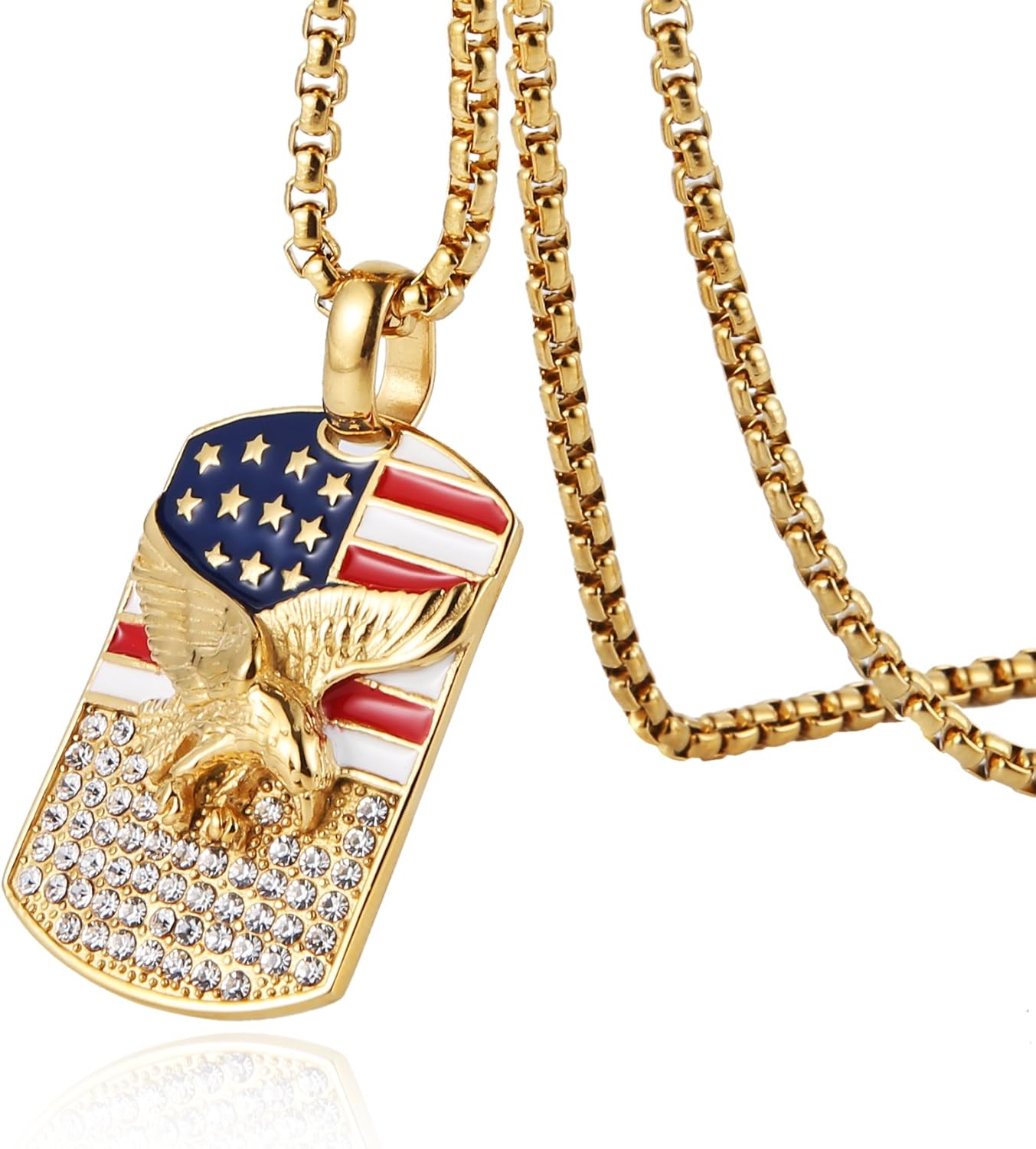 HZMAN Men's 18k Gold Plated Stainless Steel 3D Eagle American Flag Dog Tag CZ Pendant Necklace