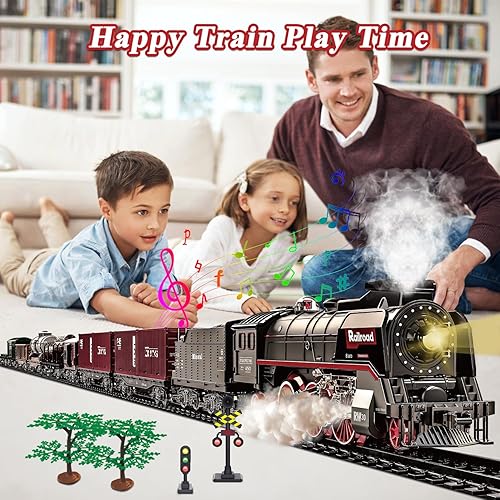 Miniatura 6 de Juego de tren para niños, juguetes de tren eléctrico con sonidos de luz realistas, humo, modelo de tren de Navidad, regalos para niños y niñas,