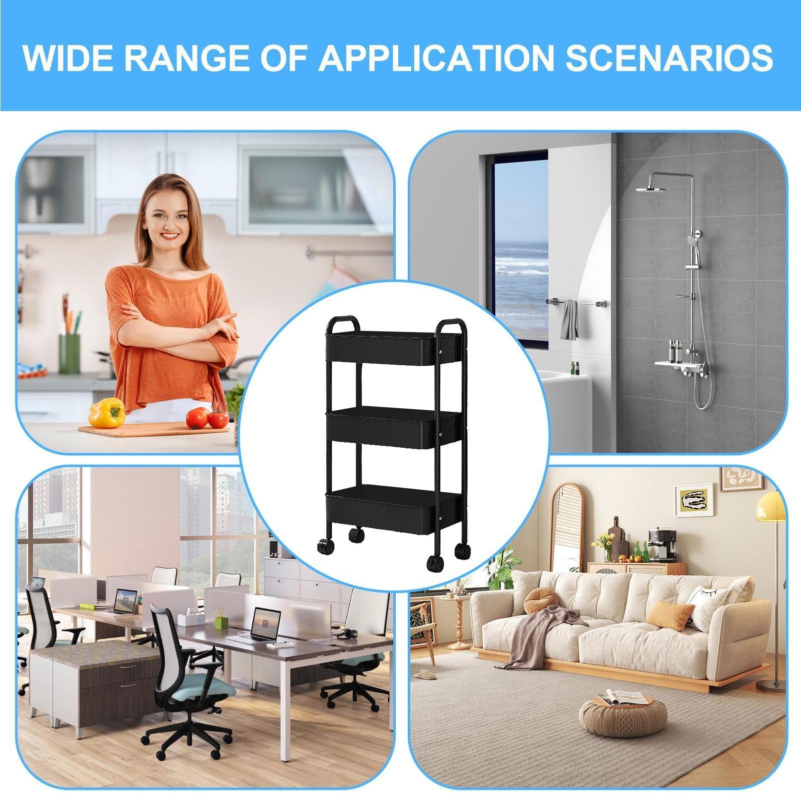 Carrello con ruote, grande capacità, 3 , con | Carrello da cucina multifunzionale a tre livelli, con ruote, mobile e grande capacità, per cucina,