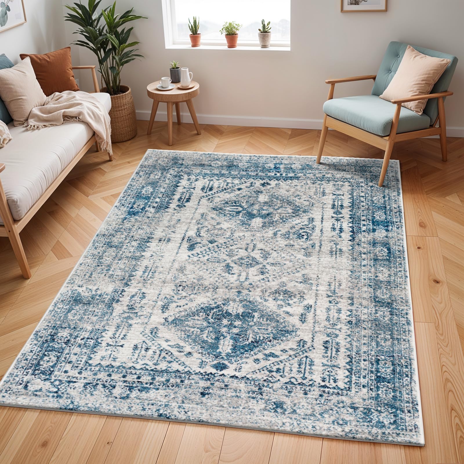 Livabliss Neelam Habana Vintage Rug - Area Rugs for Living Room 120x170 cm, Bedroom - Scandi Neutral Rugs, Traditional Patterned Boho Style, Natural Easy Care Pile - Large Rug, Blue and Grey