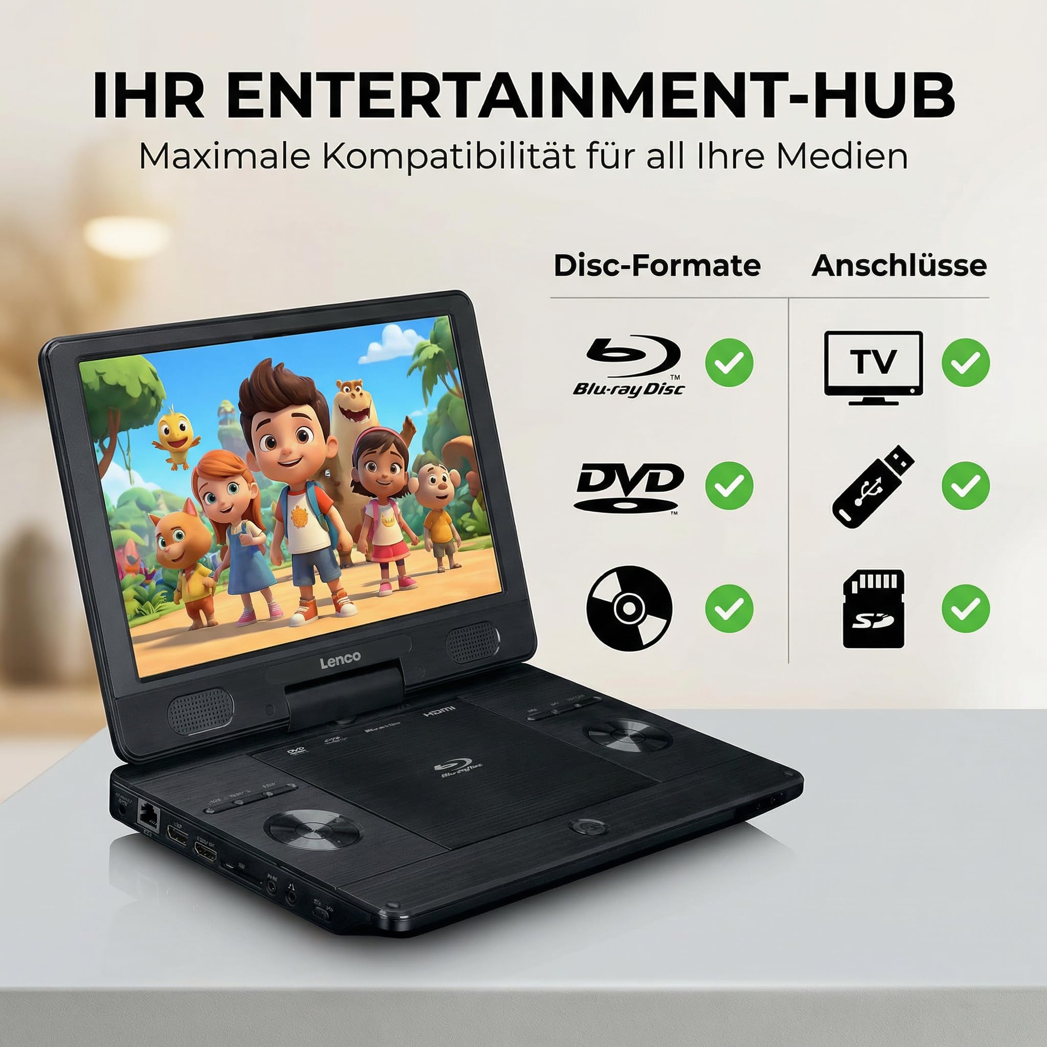 Lenco BRP-1150BK - DVD Player - Tragbarer DVD Player - DVD Player Auto | BRP-1150 - 11,5” drehbarer TFT Bildschirm - 1024 x 600 - Akku - KfZ-Adapter - USB Eingang - AV-Out