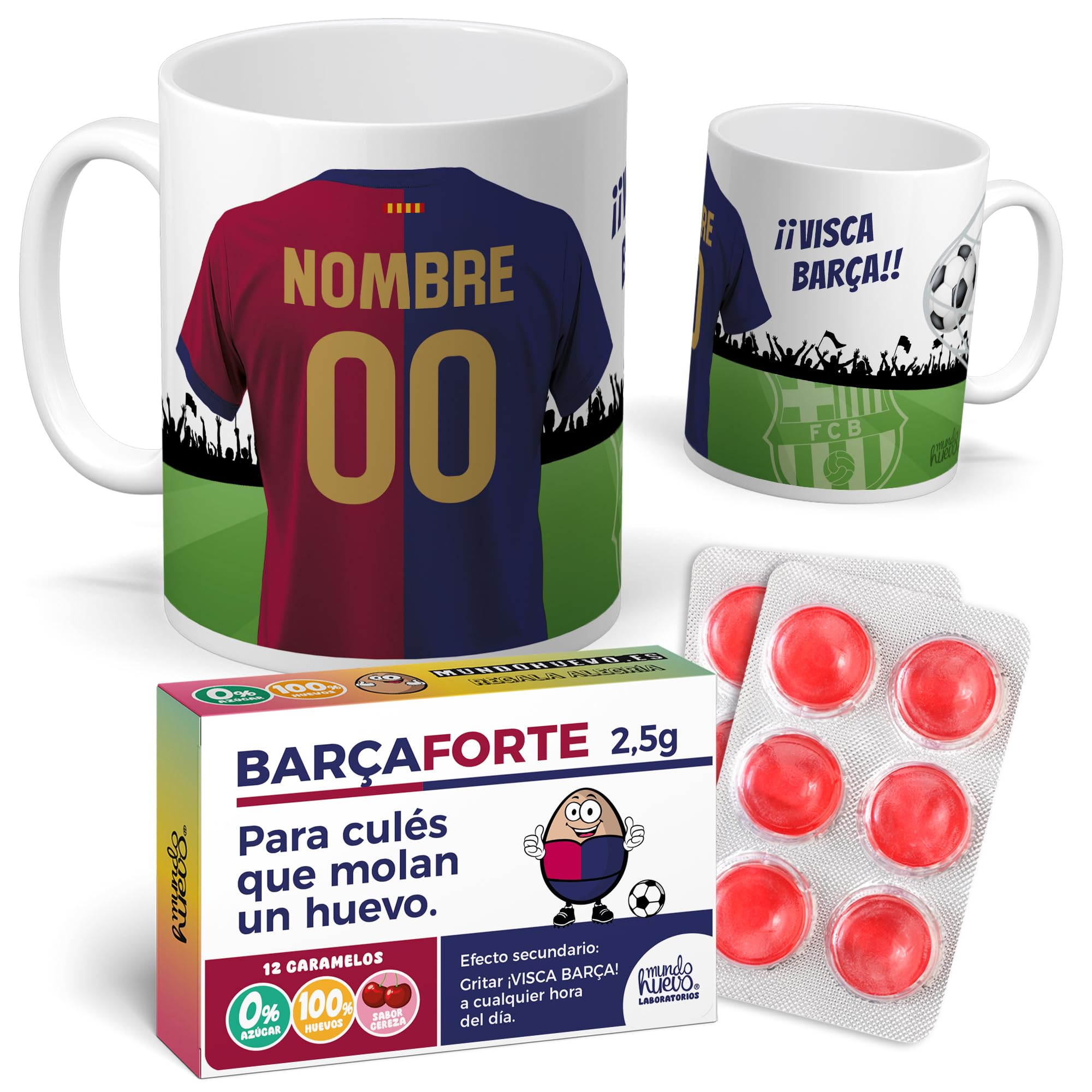mundohuevo Pack regalo personalizado | Taza personalizada con nombre y número fútbol Barcelona + Caramelos divertidos | Regalo divertido, original y único para aficionados