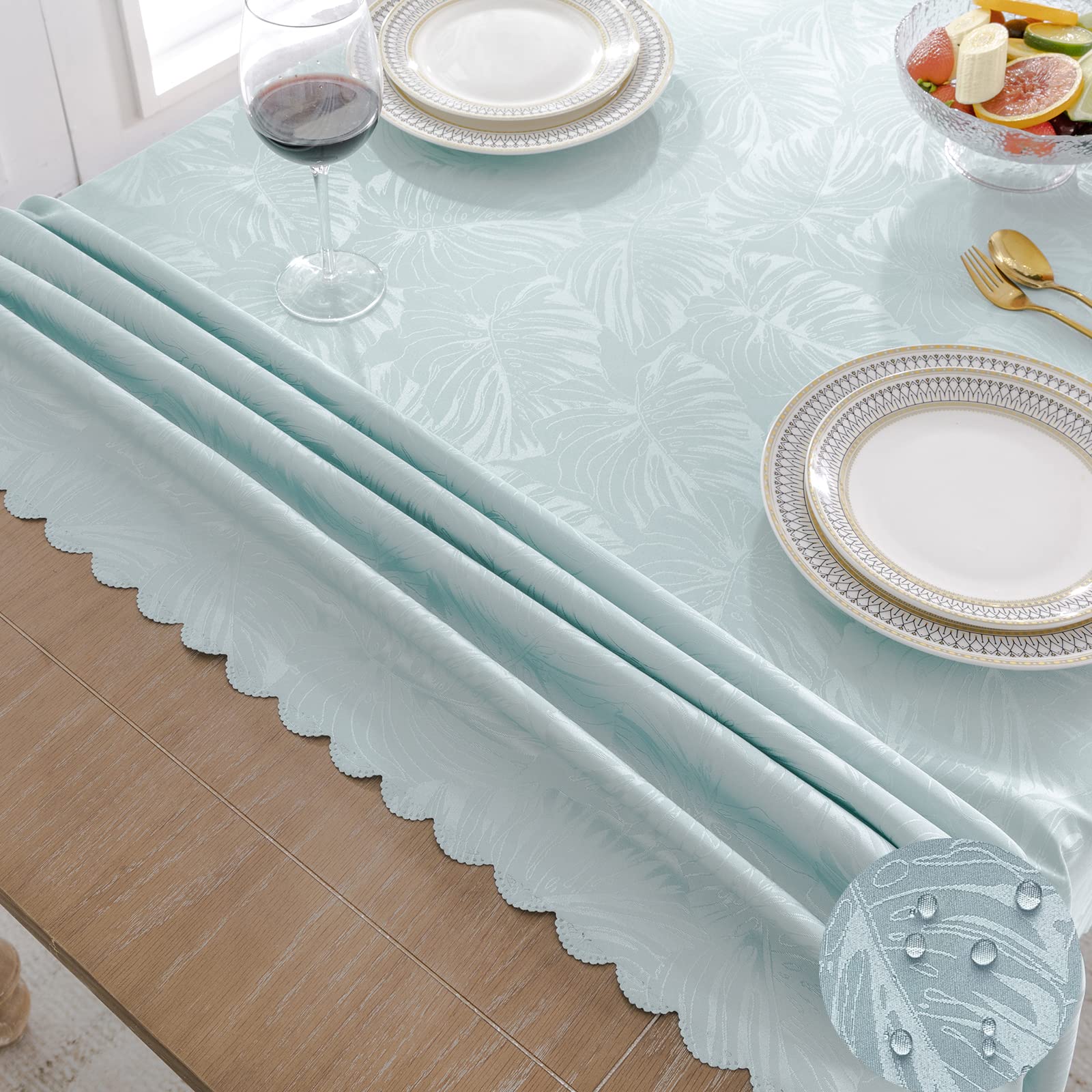 EFFICINATURE Rectangle Tablecloths 60x102 Inch Waterproof Washable Light Blue Oblong Table Clothes for 6 Foot Tables Leave Pattern Silky Soft Table