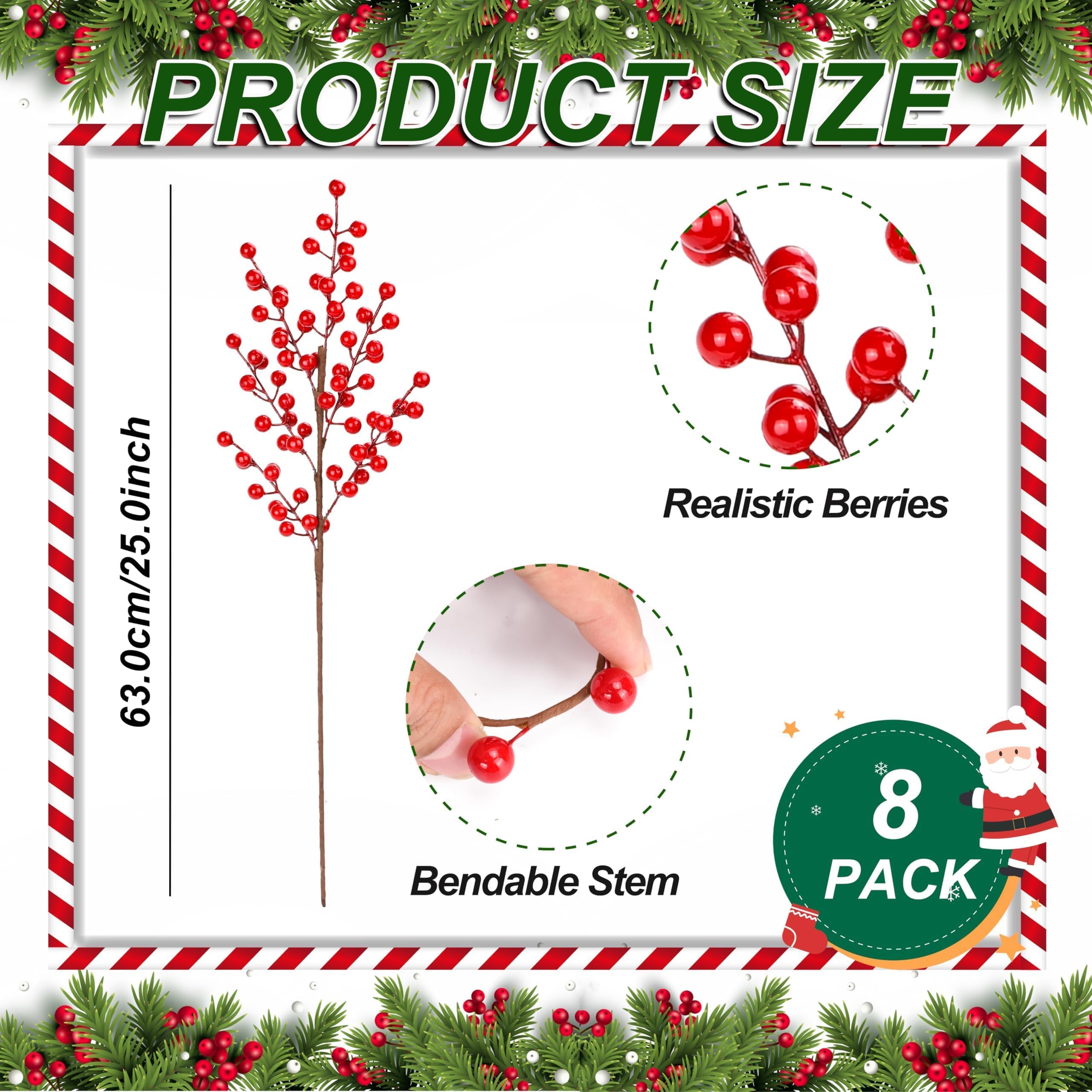 Palonu Künstliche rote Beerenstiele für Weihnachten, rote Beeren, Stechpalmenbeerenzweige für Blumenarrangements, Weihnachtsbaum, Urlaub, Zuhause, Basteln, Dekoration, 63,5 cm