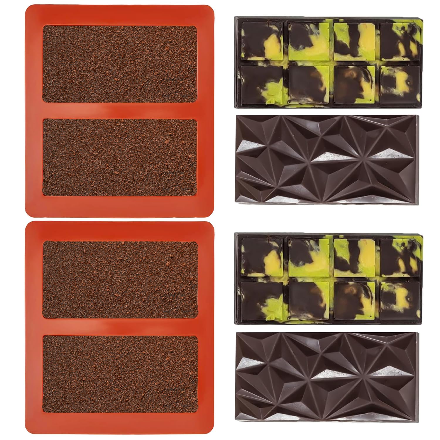 YXHZVON Set di 4 Stampo in silicone 6 Rettangoli, Stampo per Cioccolato, Stampi per Caramelle Riutilizzabili, per Cioccolatini, Cialde, Biscotti, Gelatine, Fudge (marrone