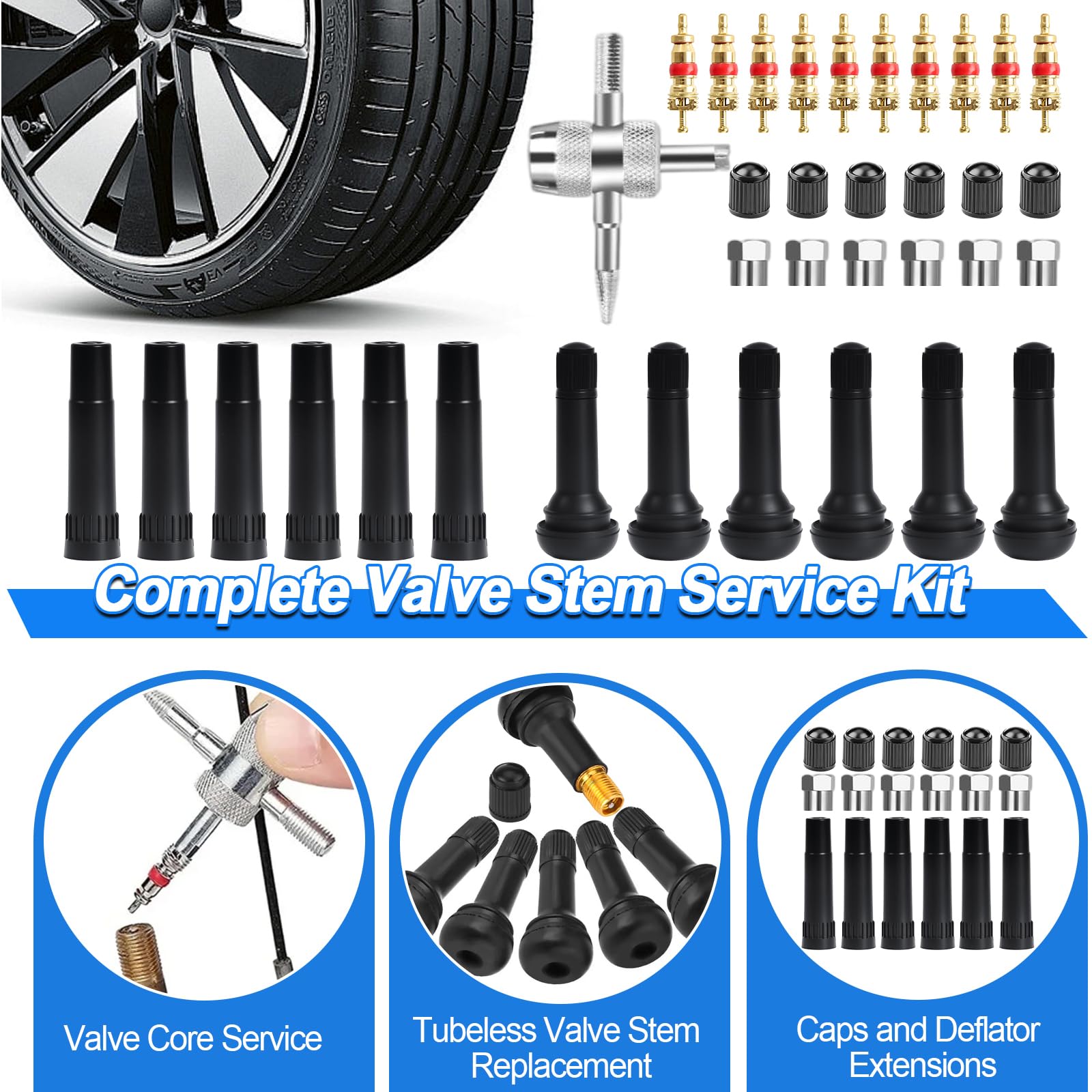 Kit de tapones para neumáticos, kit de reparación de neumáticos sin cámara de 130 piezas con herramientas de mango en T de metal resistente, tiras de reparación, tapones de reparación