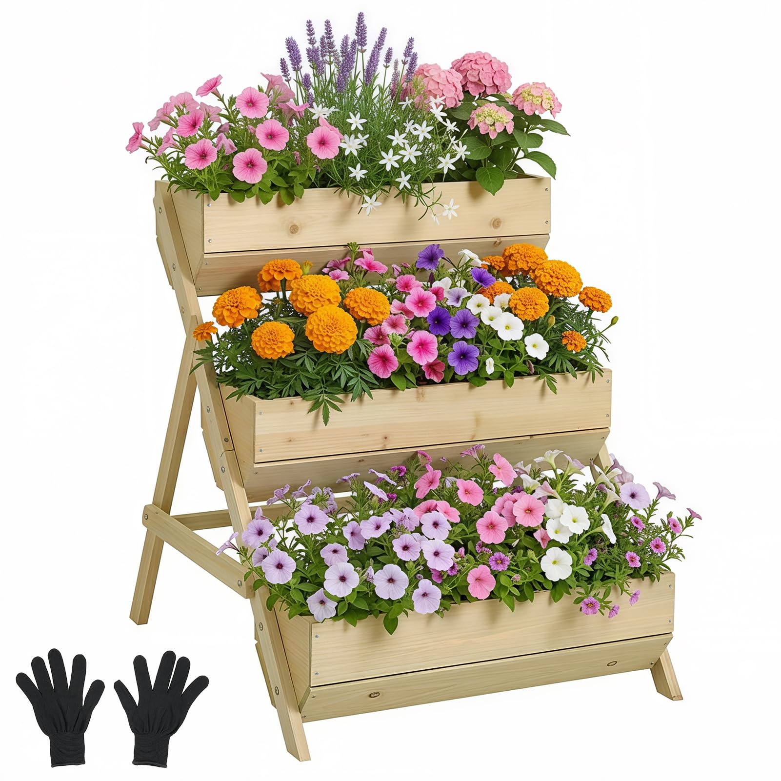 Warmiehomy 3 Tier Wooden Planter with Gloves, Elevated Raised Garden Bed with Drainage Holes, Outdoor Vertical Planter Box for Vegetables, Flowers, Herbs, 65 x 75 x 76 cm, Green