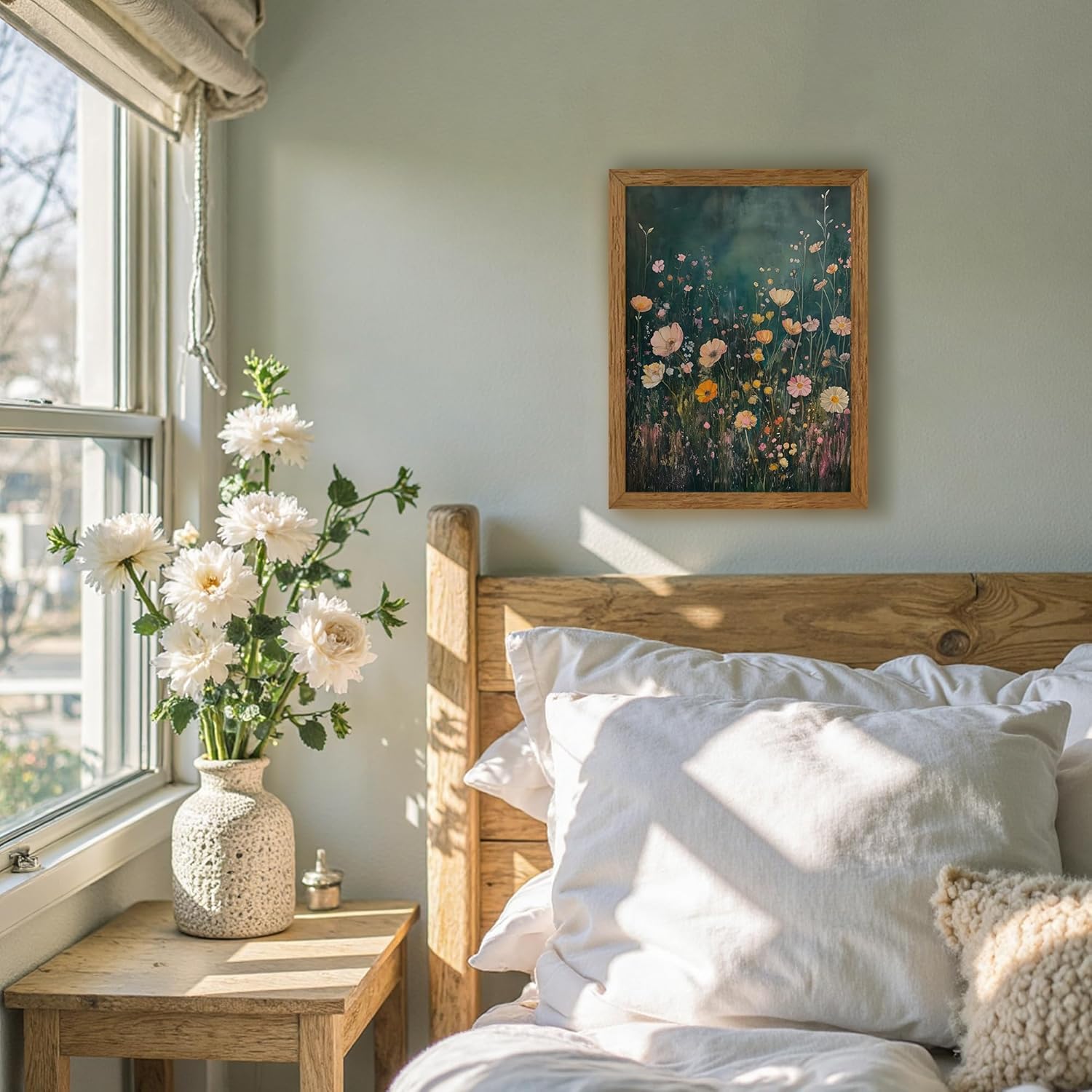 JLTULT Framed Vintage Pink Tone Floral Canvas Wall Art, Farmhouse Flower Landscape Pictures Wall Decor, Botanical Wildflower Field Art Print for Bedroom Living Room Bathroom Home Decoration 12x16 in - Image 4