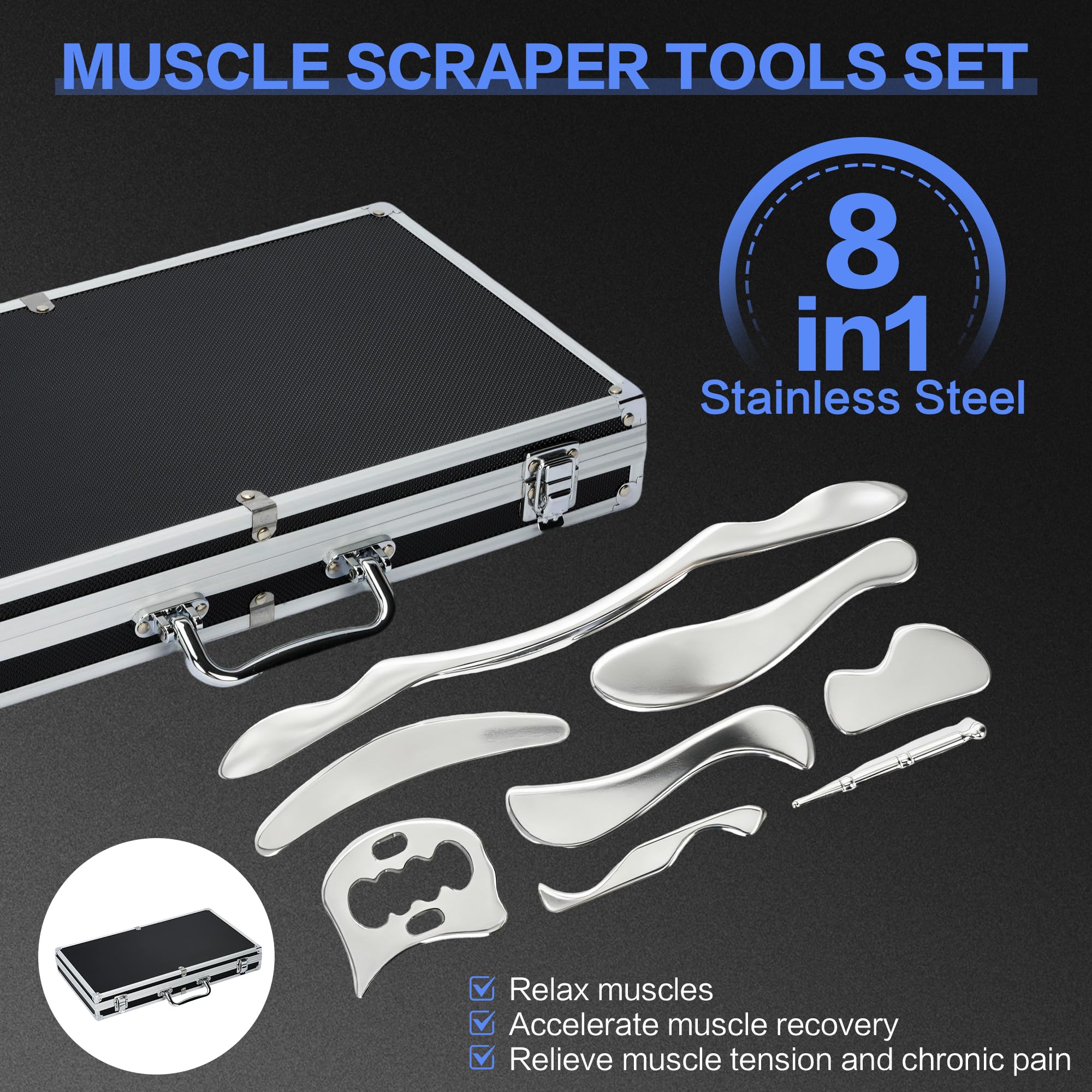 Zestaw 8 w 1 Gua Sha skrobak do mięśni ze stali nierdzewnej do fizjoterapii ciała Gua Sha z organizerem Narzędzie do masażu tkanek miękkich do SPA, masażu, redukcji bólu mięśni, pielęgnacji