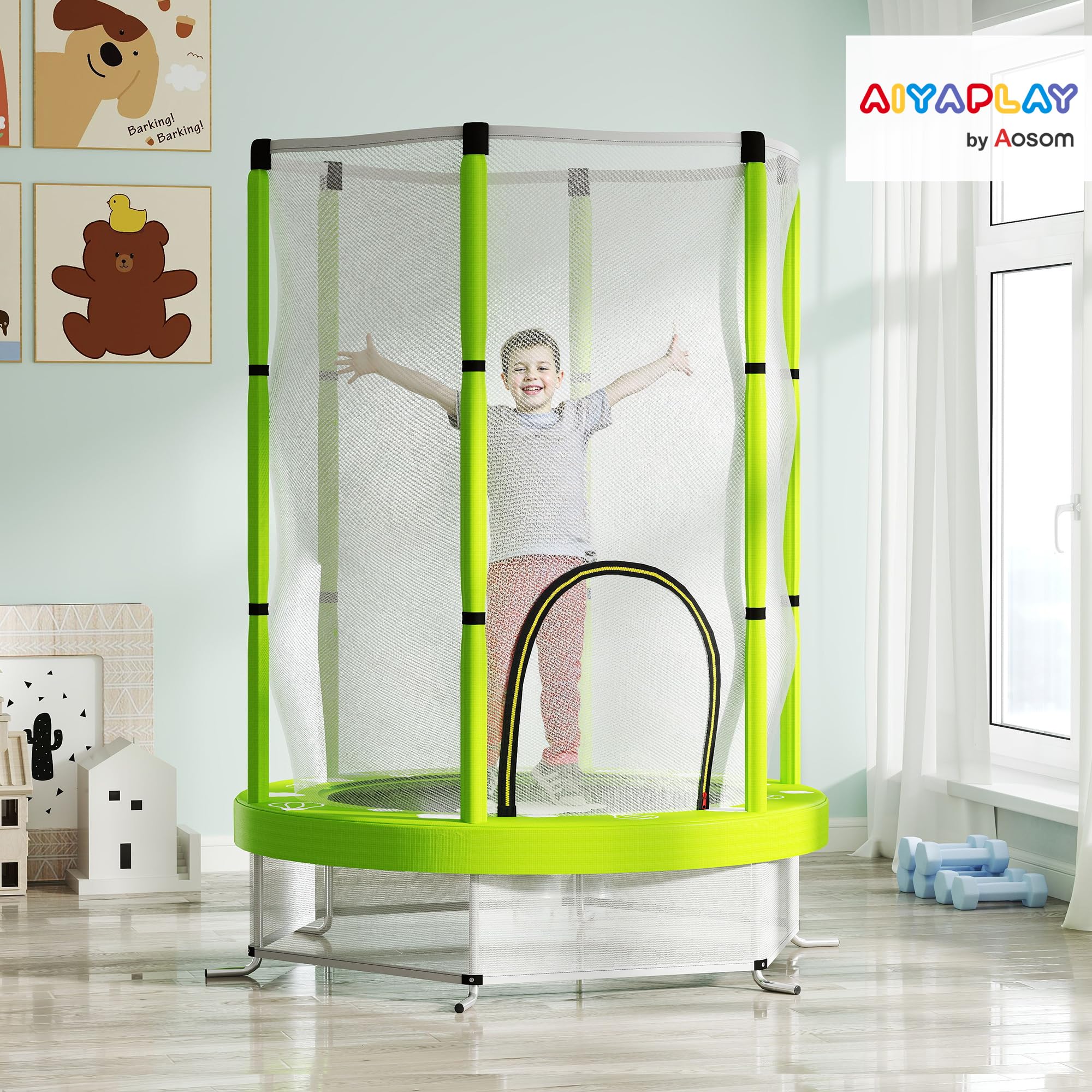 AIYAPLAY Trampolino Elastico per Bambini Ø140 cm con Rete di Sicurezza, Tappeto Elastico per Bimbi da 3-6 Anni con Disegni, per Interno ed Esterno, Verde