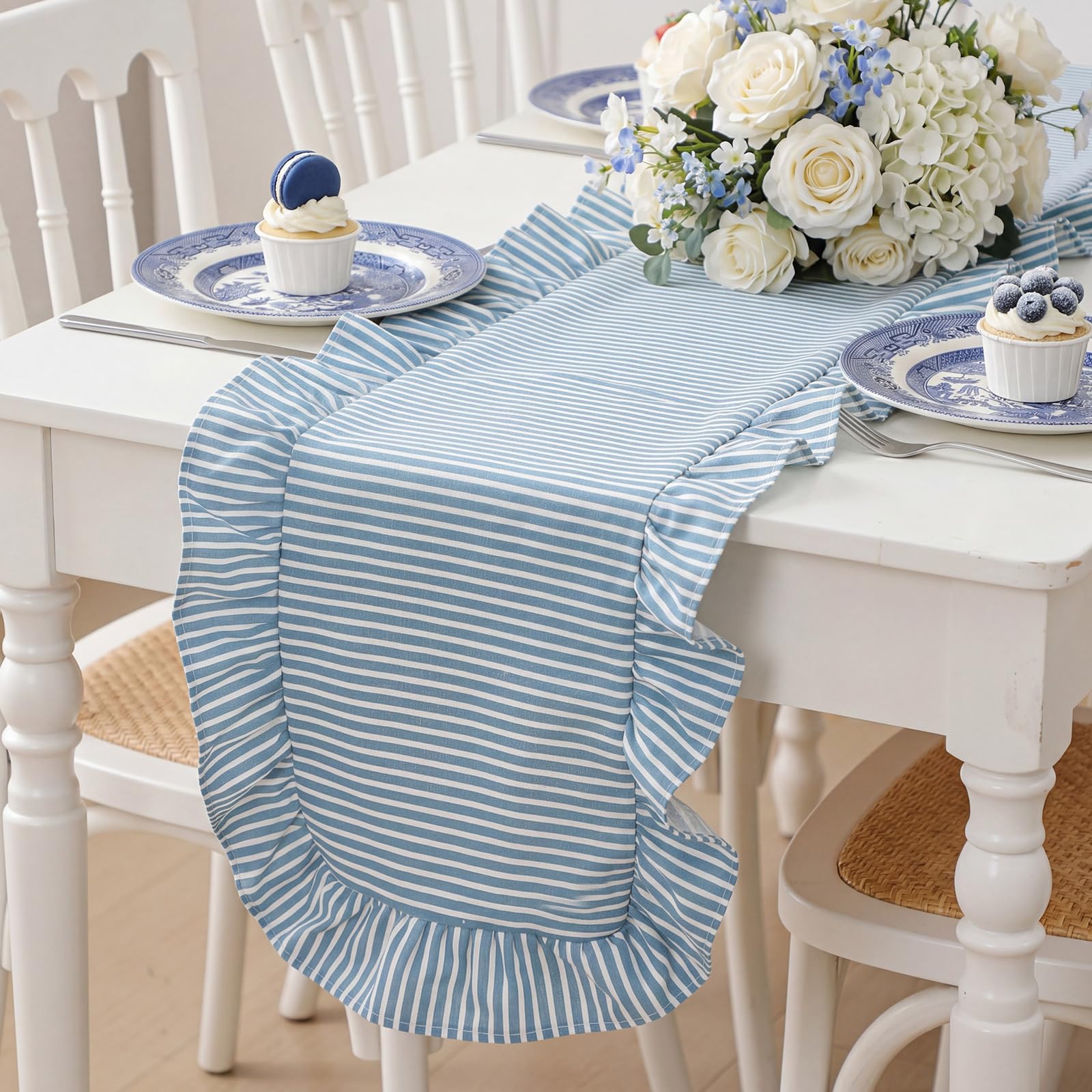 Photo 1 of Windkream Blue Stripe Ruffled Table Runner 72 Inches Long Scalloped Table Runner Rustic Cotton Tabletop Farmhouse Decor for Baby Shower Bride Shower Birthday Party Holiday Wedding