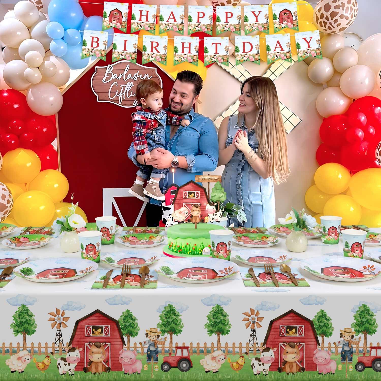 Farm Animals Birthday Party Decorations Plates Set 25 Guests,178 Pcs Farm Paper Plates Napkins Cups Cutlery Set Tablecloth Banner and Cake Topper Watercolor Theme Party Supplies