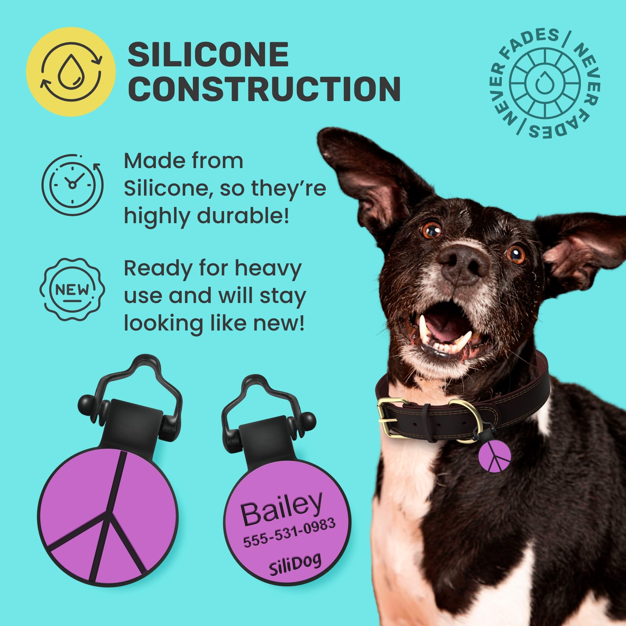 SiliDog - The Original Silicone Silent Dog Tag - Personalized Engraved Soundless Pet ID - As Seen On Shark Tank - Durable - Never Fades - Peace - Purple